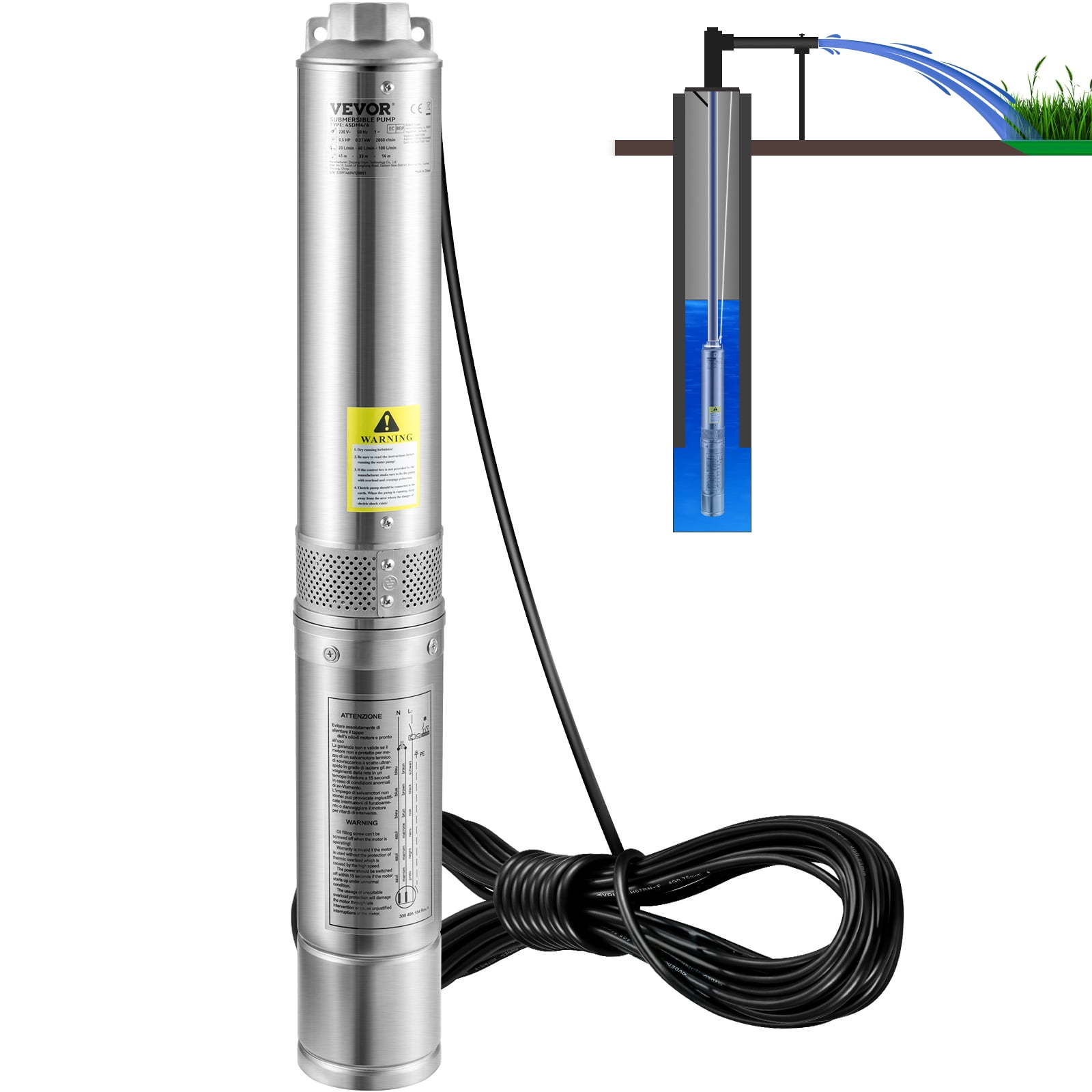 BENTISM Deep Well Submersible Pump, 1HP/750W 115V/60Hz, 37GPM Flow 207 ft Head, with 33 ft Electric Cord, 4 inch Stainless Steel Water Pumps for Industrial, Irrigation&Home Use, IP68 Waterproof Grade