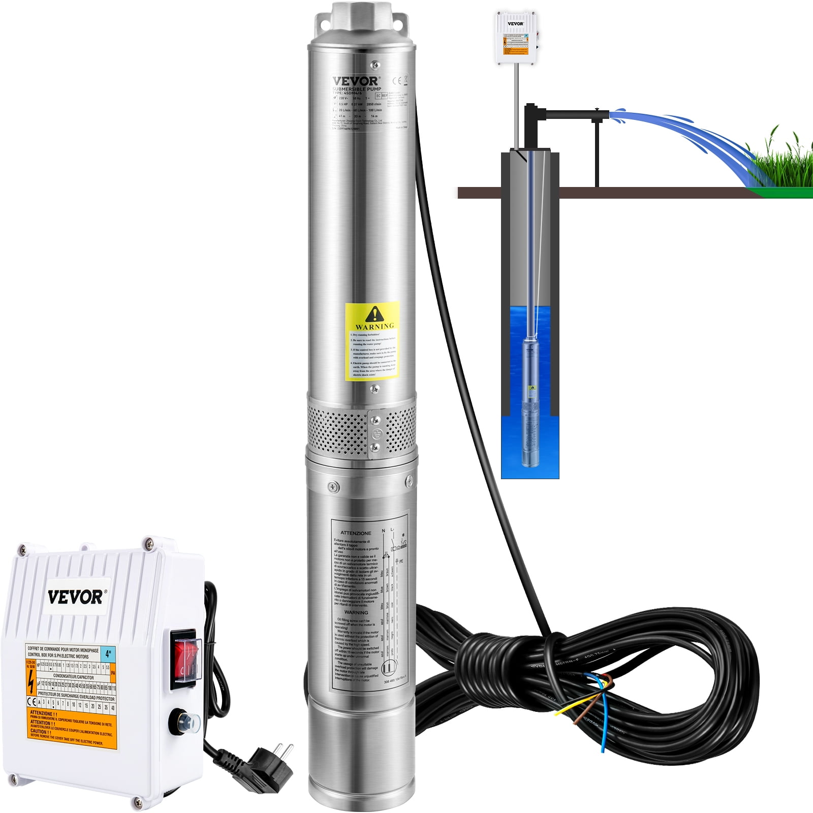 VEVOR 3HP Deep Well Submersible Pump, 37GPM 640 ft Head, with 33 ft Cord & External Control Box, 4 inch Stainless Steel Water Pumps for Industrial, Irrigation and Home Use, IP68 Waterproof, 230V/60Hz
