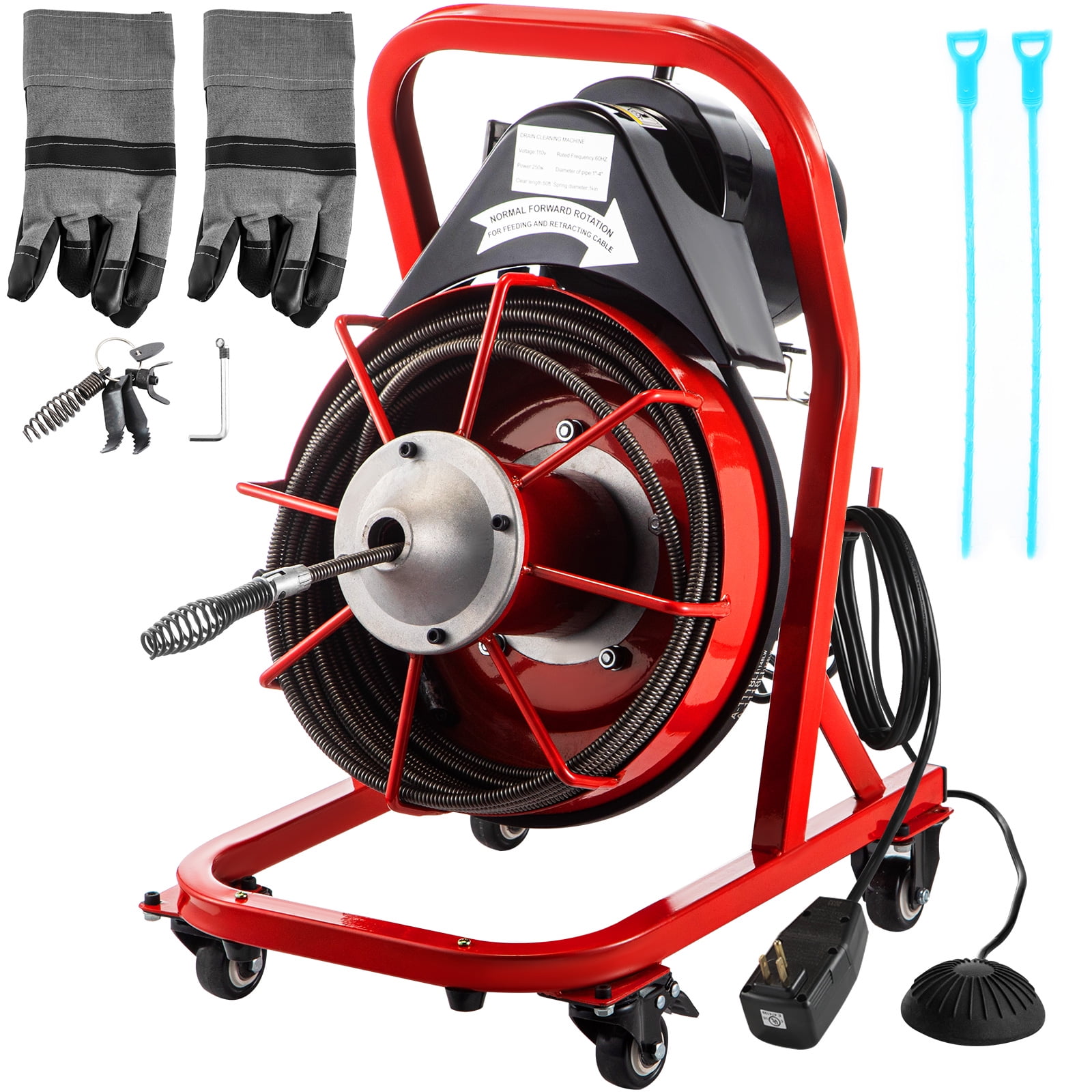 VEVOR Drain Cleaner Machine 50ft x 3/8in. Electric Drain Auger 370W Sewer Snake Machine Auto-feed Control, Fit 1-1/2'' - 3'' / 38mm - 76mm Pipes, w/ Cutters & Foot Switch, for Drain Cleaners, Plumbers