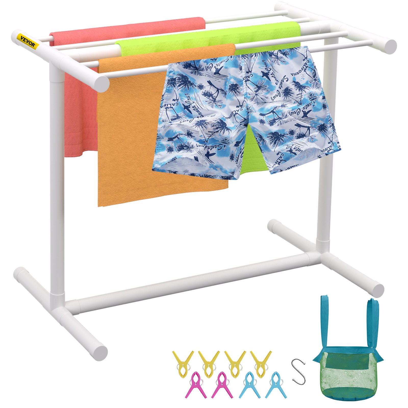VEVOR Freestanding Towel Rack, 5 Bar, White, Pool Outdoor PVC T-shape Poolside Storage Organizer, Include 8 Towel Clips, Mesh Bag, Hook, Also Stores Floats and Paddles, for Beach, Swimming Pool, Home