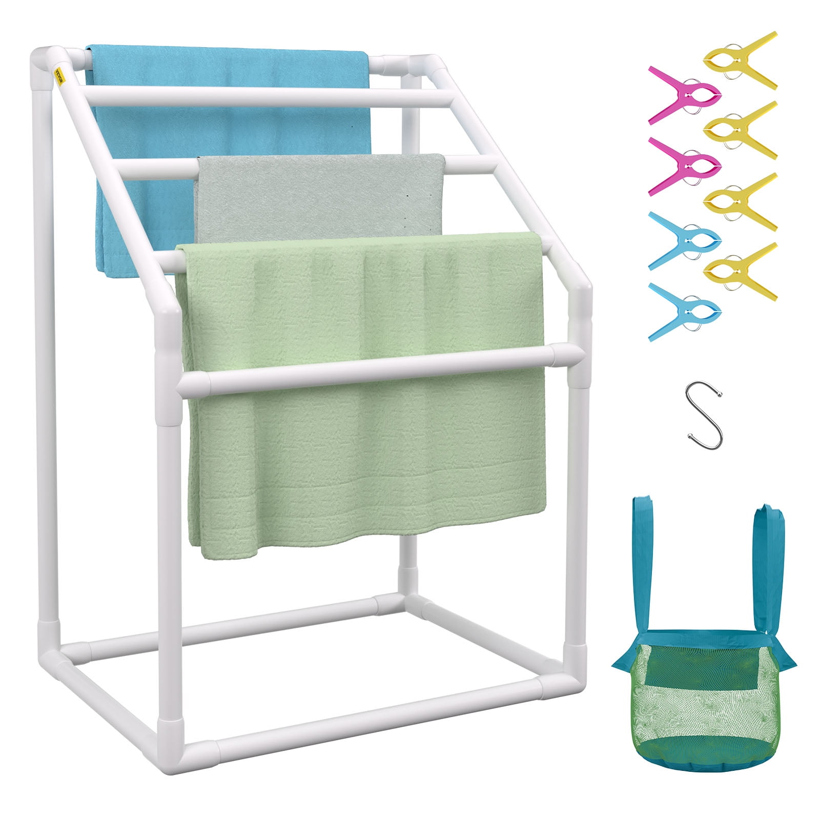 VEVOR Pool Towel Rack, 5 Bar, White, Freestanding Outdoor PVC Trapedozal Poolside Storage Organizer, Include 8 Towel Clips, Mesh Bag, Hook, Also Stores Floats and Paddles, for Beach, Swimming Pool