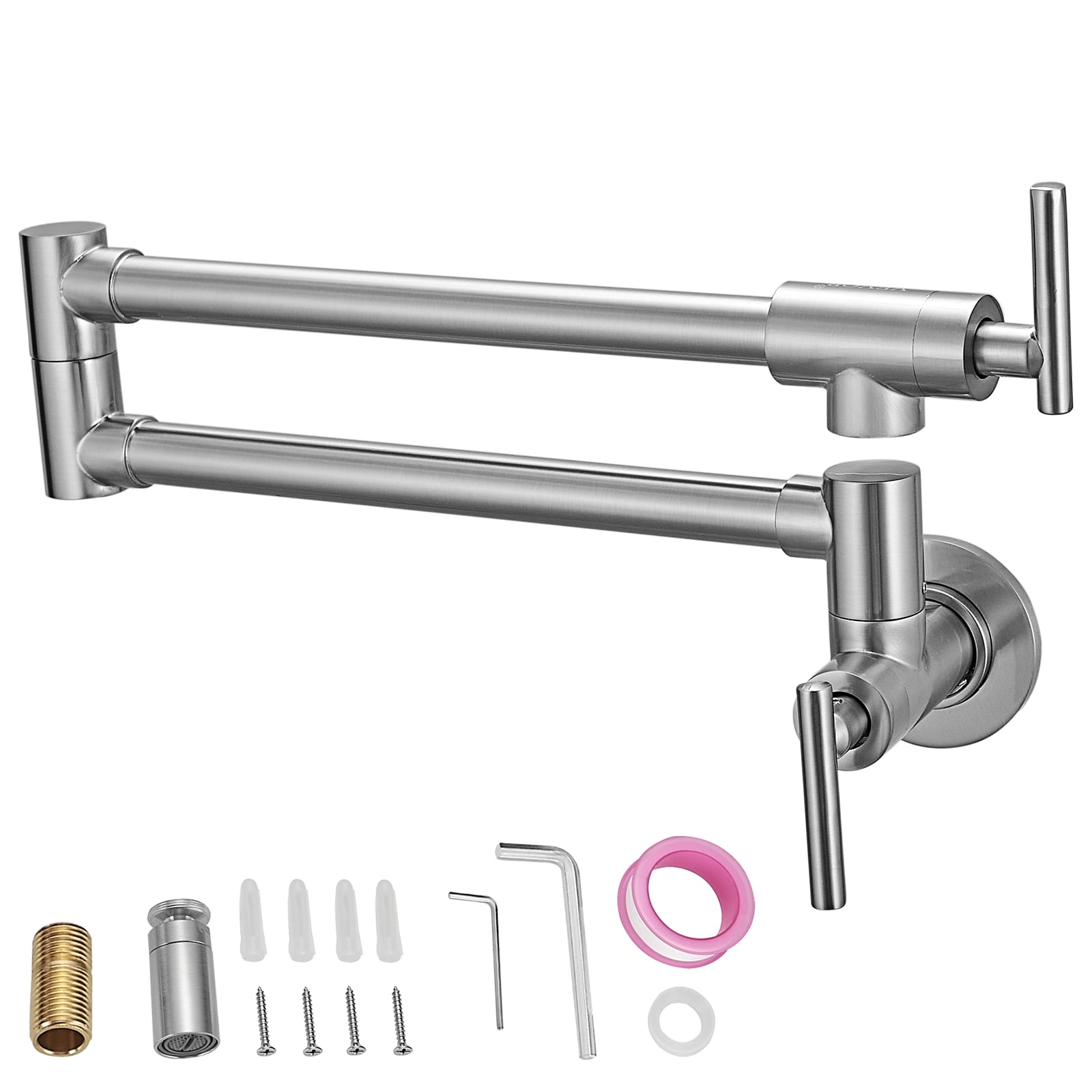 VEVOR Pot Filler Faucet, Solid Brass Commercial Wall Mount Kitchen Stove Faucet with Brushed Nickel Finish, Folding Restaurant Sink Faucet with Double Joint Swing Arm & 2 Handles