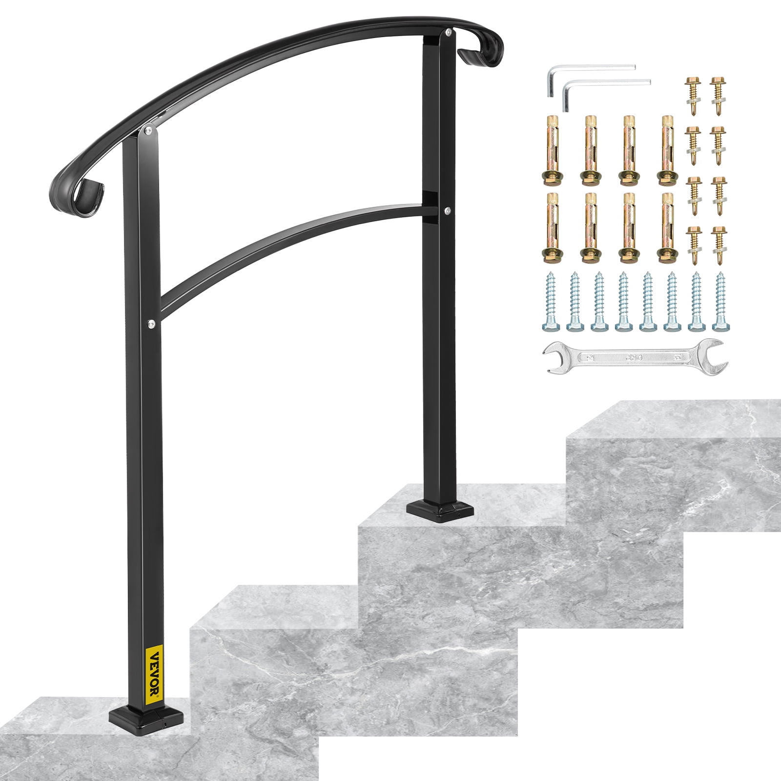 VEVOR Transitional Handrail Fits 1 or 3 Steps Matte Black Stair Rail Wrought Iron Handrail with Installation Kit Hand Rails for Outdoor Steps
