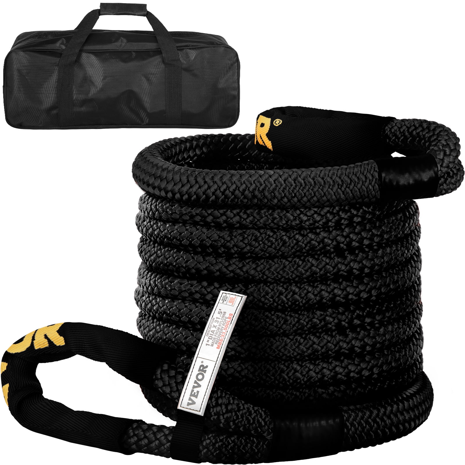VEVOR 1" x 31.5' Recovery Tow Rope, 33,500 lbs, Heavy Duty Nylon Double Braided Kinetic Energy Rope w/ Loops and Protective Sleeves, for Truck Off-Road Vehicle ATV UTV, Carry Bag Included, Black