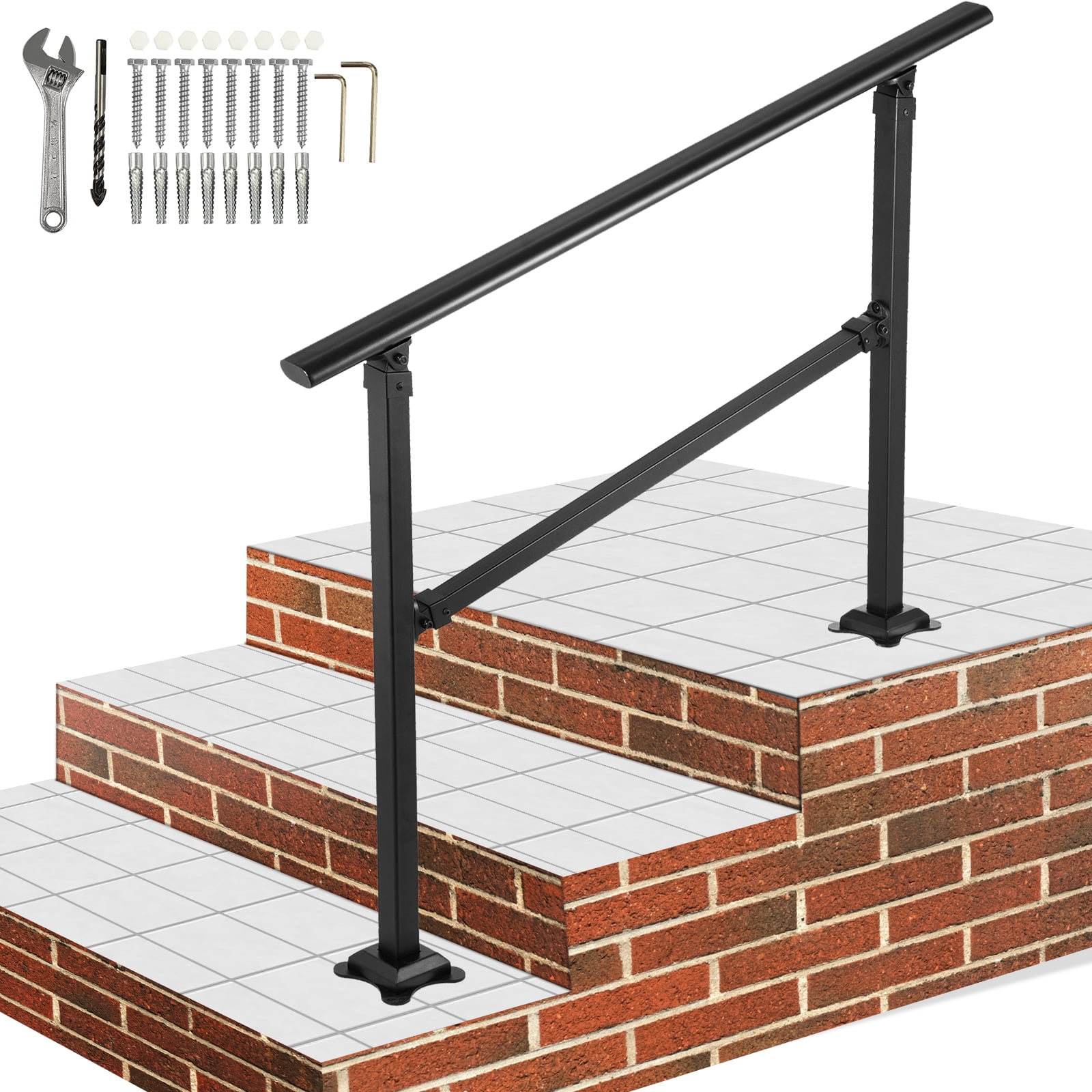 VEVOR 1-3 Steps Outdoor Stair Handrail, Adjustable from 0 to 50 Degrees Exterior Stair Railing, Transitional Wrought Iron Handrail, Handrails for Concrete Steps with Installation Kit, Matte Black