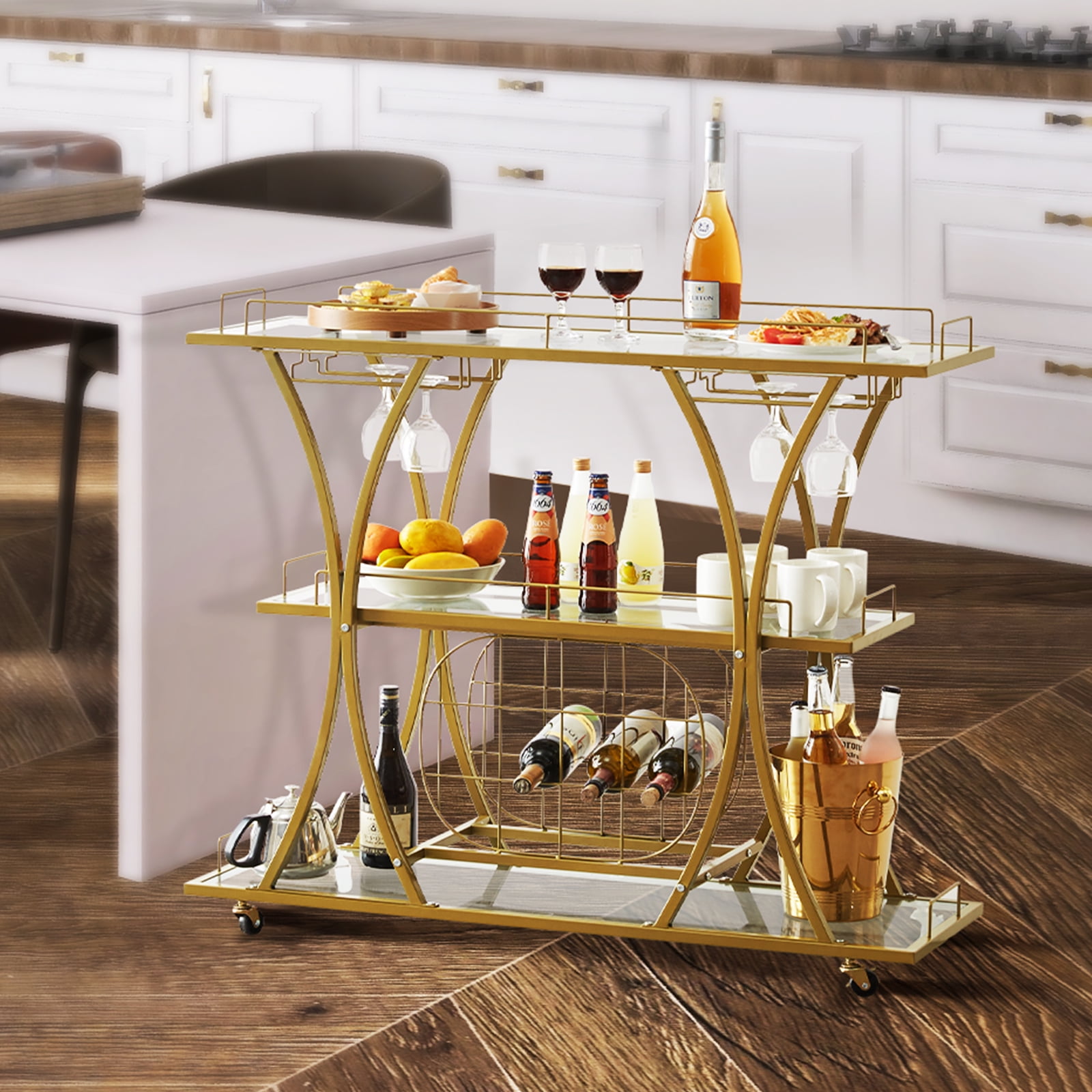 VEVOR 3 Tiers Gold Metal Bar Serving Cart with Wine Rack Glass Holder 180 lbs