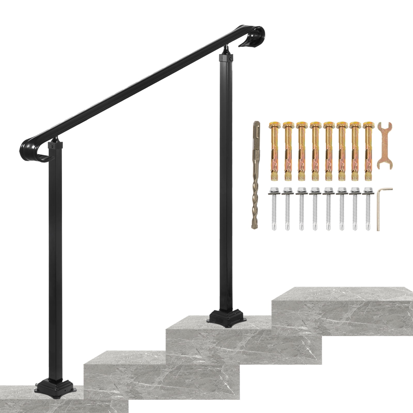 VEVORbrand Handrail for Stairs Fit 2 or 3 Steps Wrought Iron Handrail,Outdoor Stair Railing, Height Adjustable Front Porch Hand Rail, Black