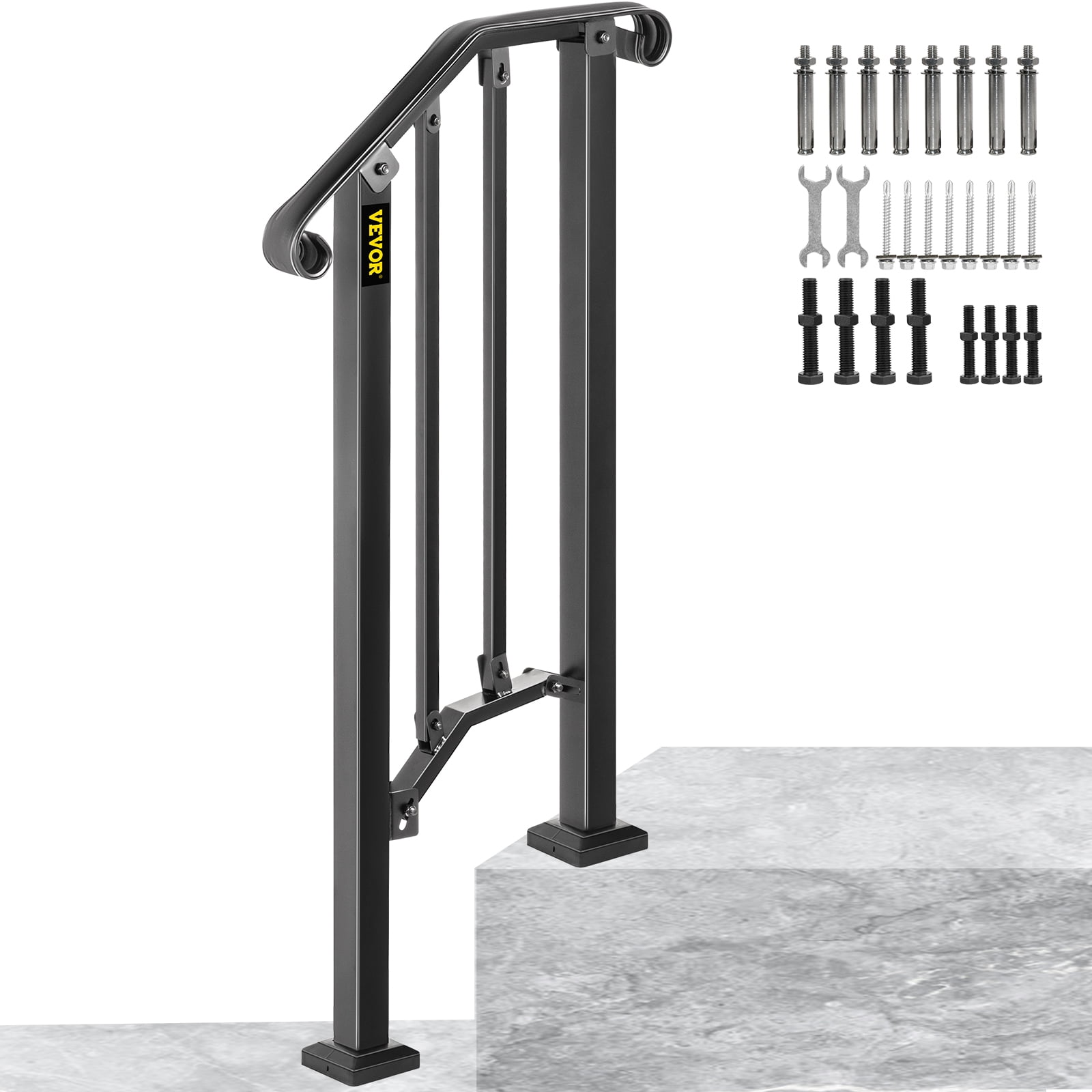 VEVORbrand Handrail Picket #1 Fits 1 or 2 Steps Stair Rail Height adjustable Wrought Iron Handrail with Installation Kit Hand Rails for Outdoor Steps, Matte Black
