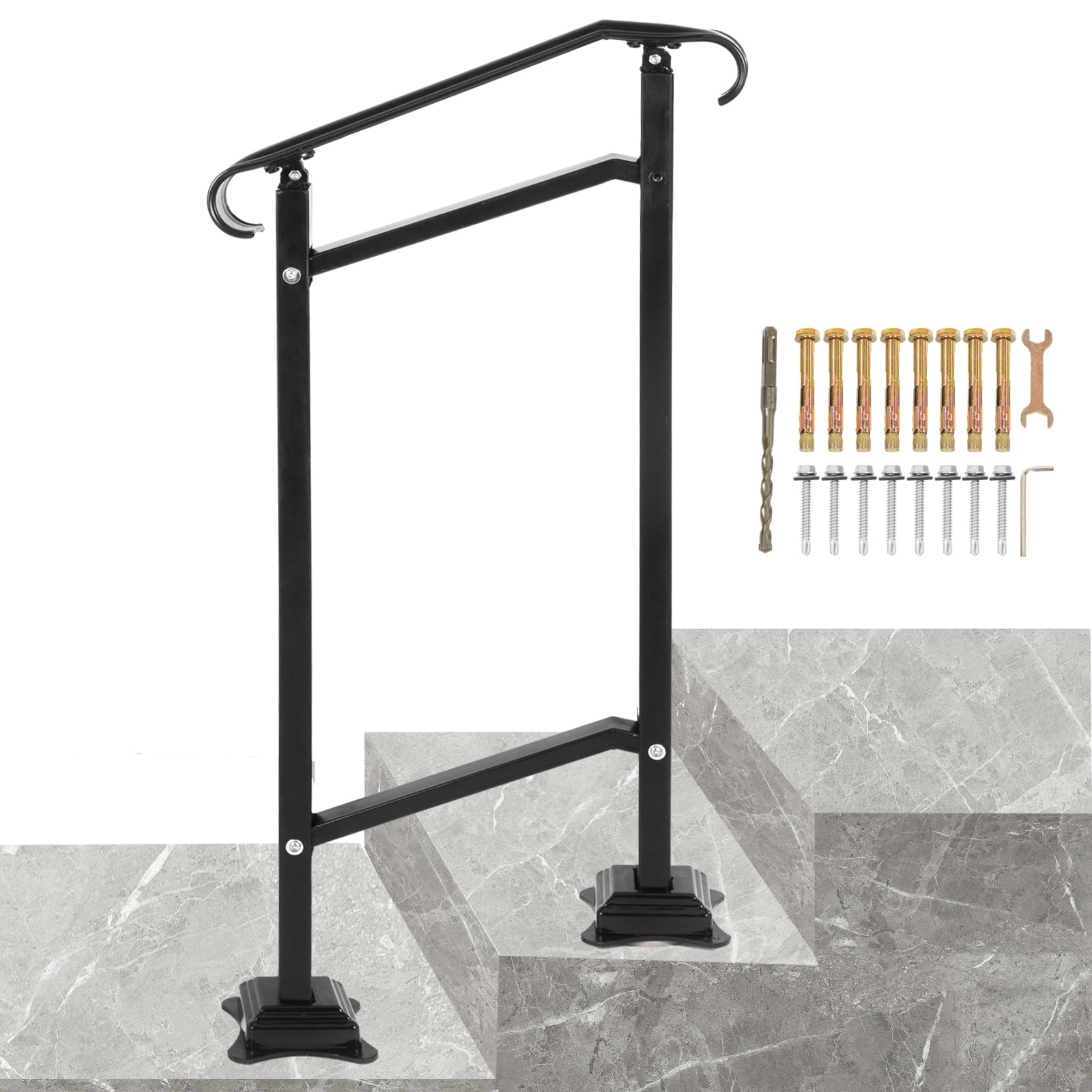 VEVORbrand Iron Handrail for Stairs, Fit 1 or 2 Steps Outdoor Stair Railing, Handrail Height Adjustable Front Porch Hand Railings, Black