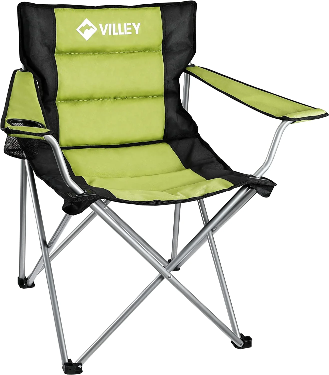VILLEY Camping Chairs, Padded Folding Chair, Outdoor Portable High Camp Chair for Adult, Foldable Outside Arm Chair with Cup Holder & Carry Bag, Green