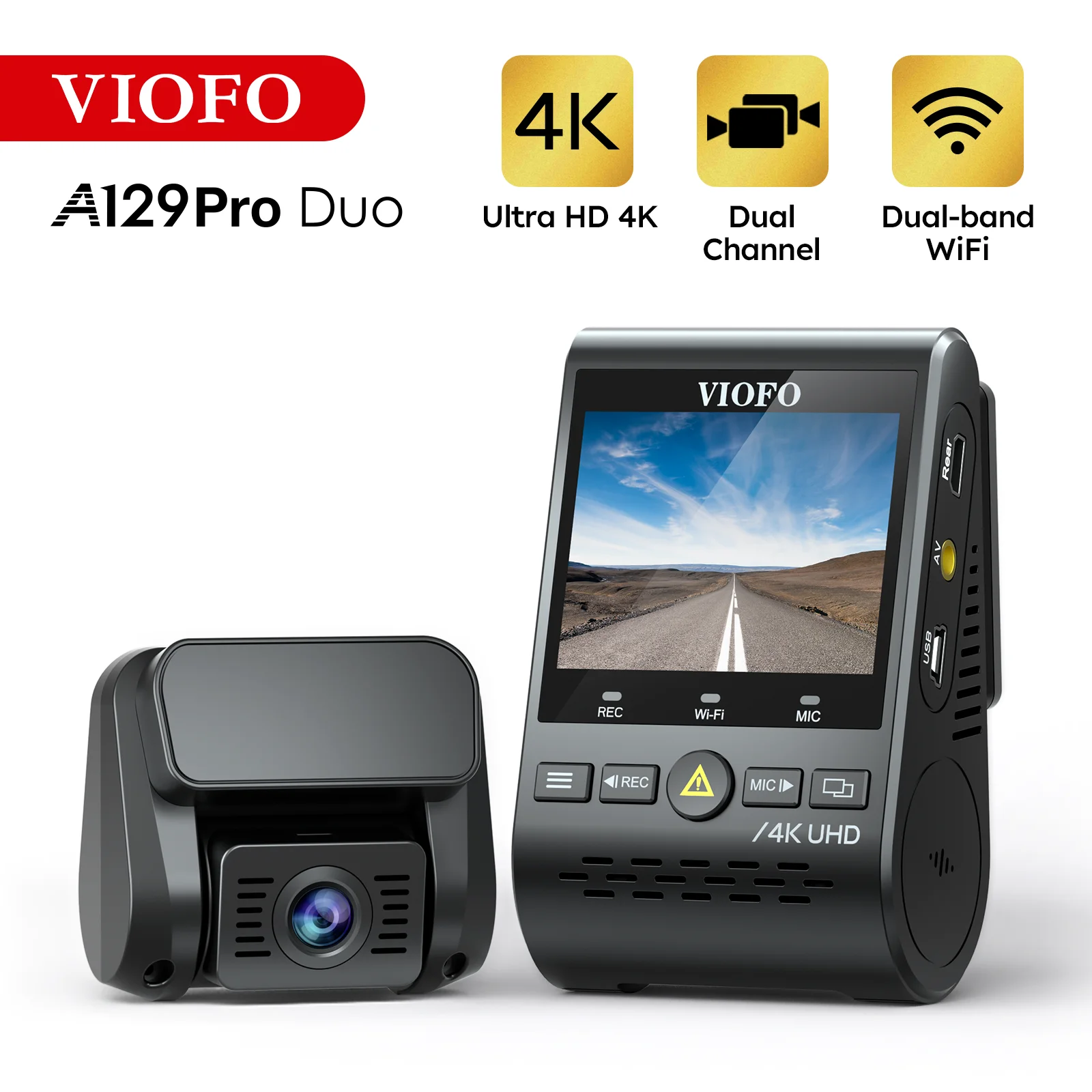 VIOFO 4K Dual Dash Cam 3840 x 2160P Ultra HD 4K WiFi Dash Camera, GPS, Buffered Parking Mode, Motion Detection, A129 Pro Duo