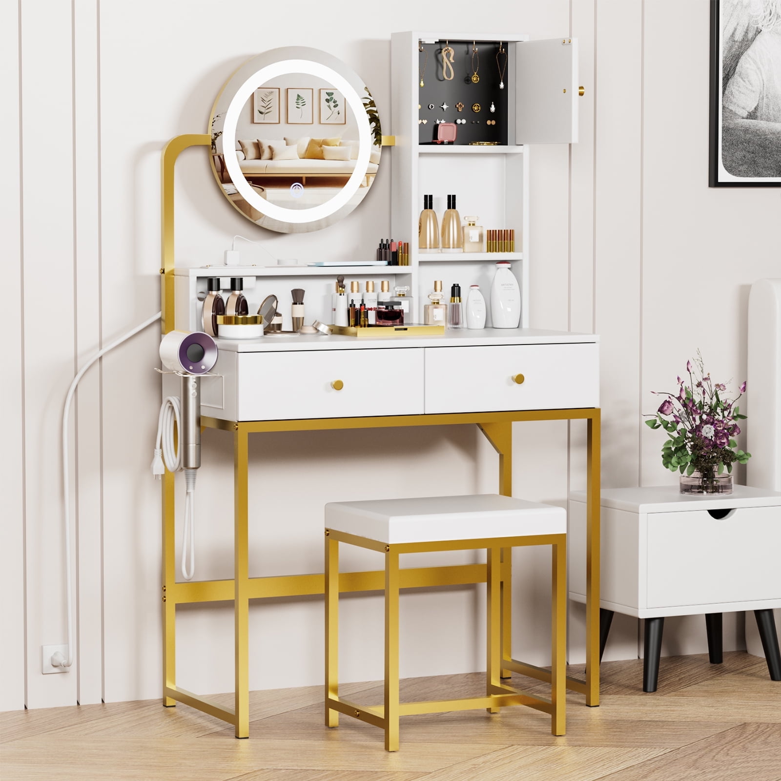 VIPLIVE Vanity Desk with LED Mirror & Power Strip, Bedroom Makeup Table with 2 Drawers, Hair Dryer Rack and Stool, White