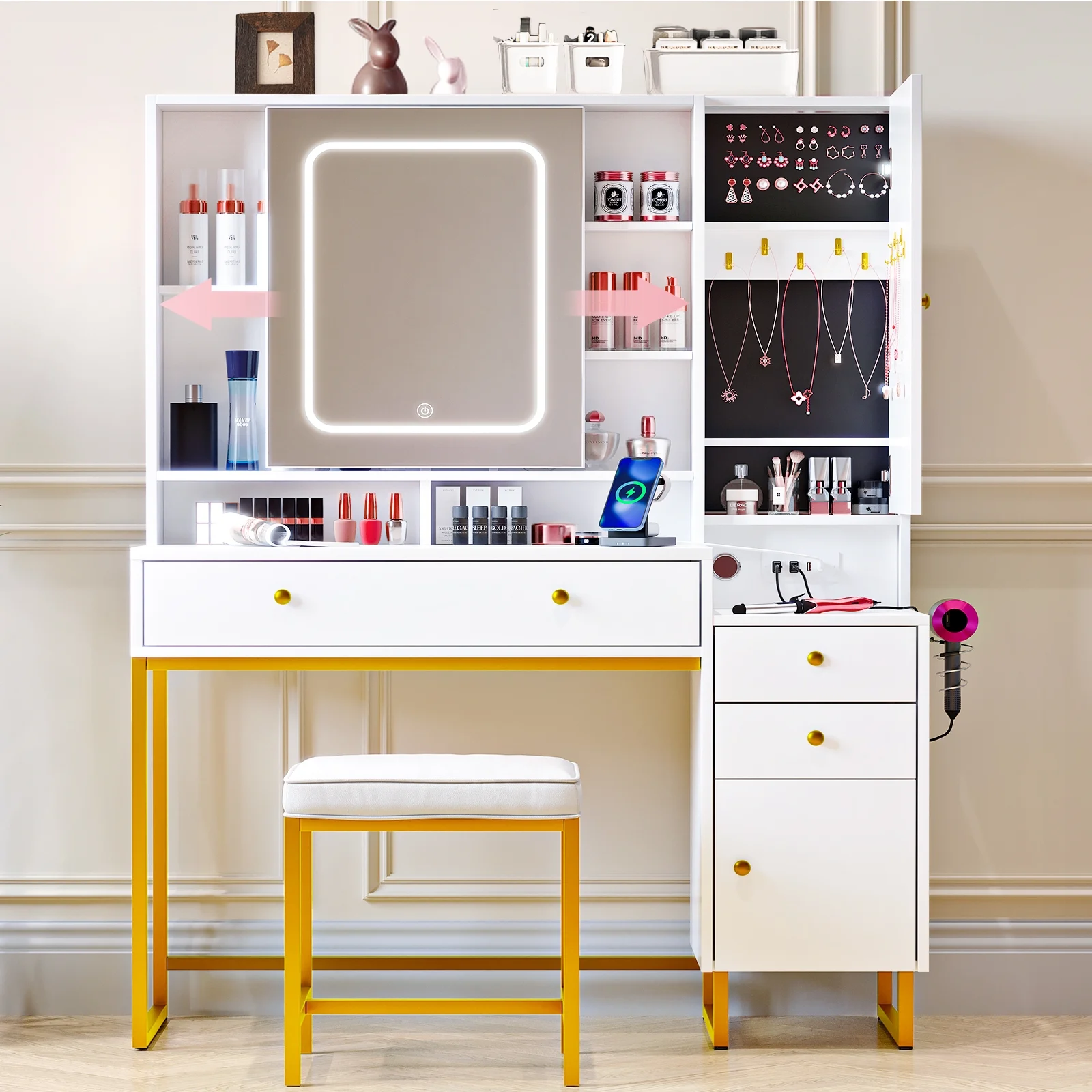 VIPLIVE Vanity Desk with LED Lighted Mirror & Power Outlet, Makeup Vanity Table with Jewelry Cabinet 2 Drawers, and 4 Storage Shelves, 3 Lighting Colors White Vanity Set for Bedroom & Dressing Room