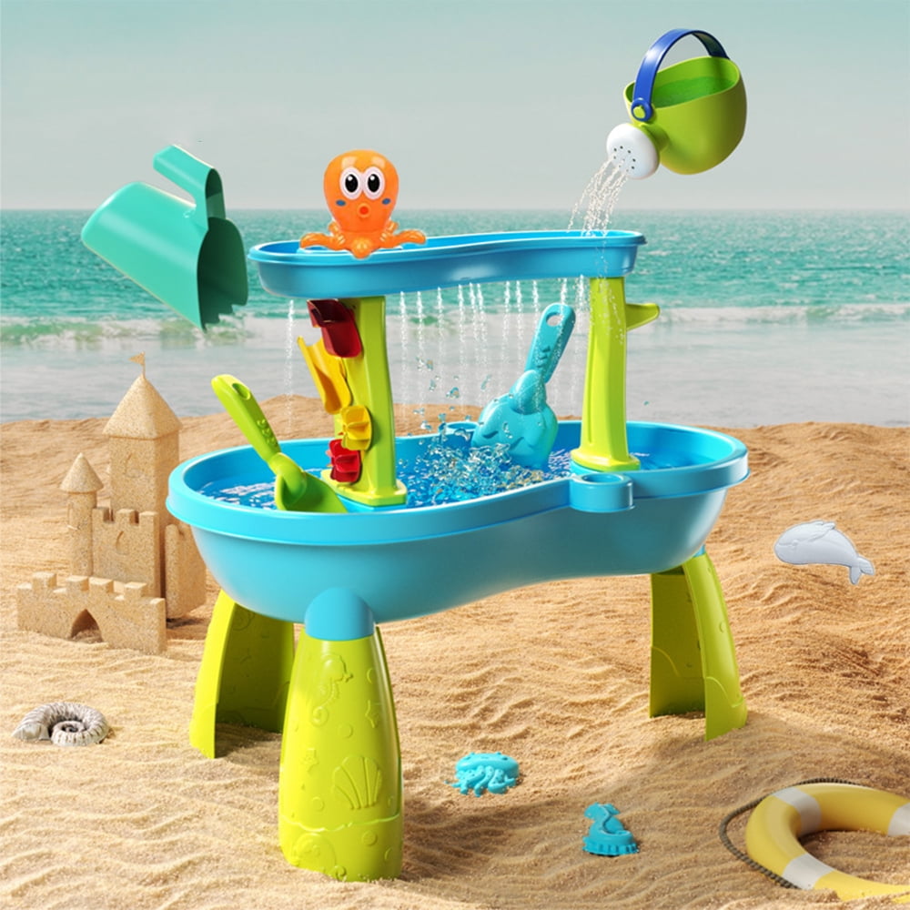 VIVEFOX Sand and Water Table Toys for Toddlers, 2 Tier Outdoor Toys for Toddlers, Summer Activity Table, Outside Beach Play Table, 15-Pcs Accessory Set