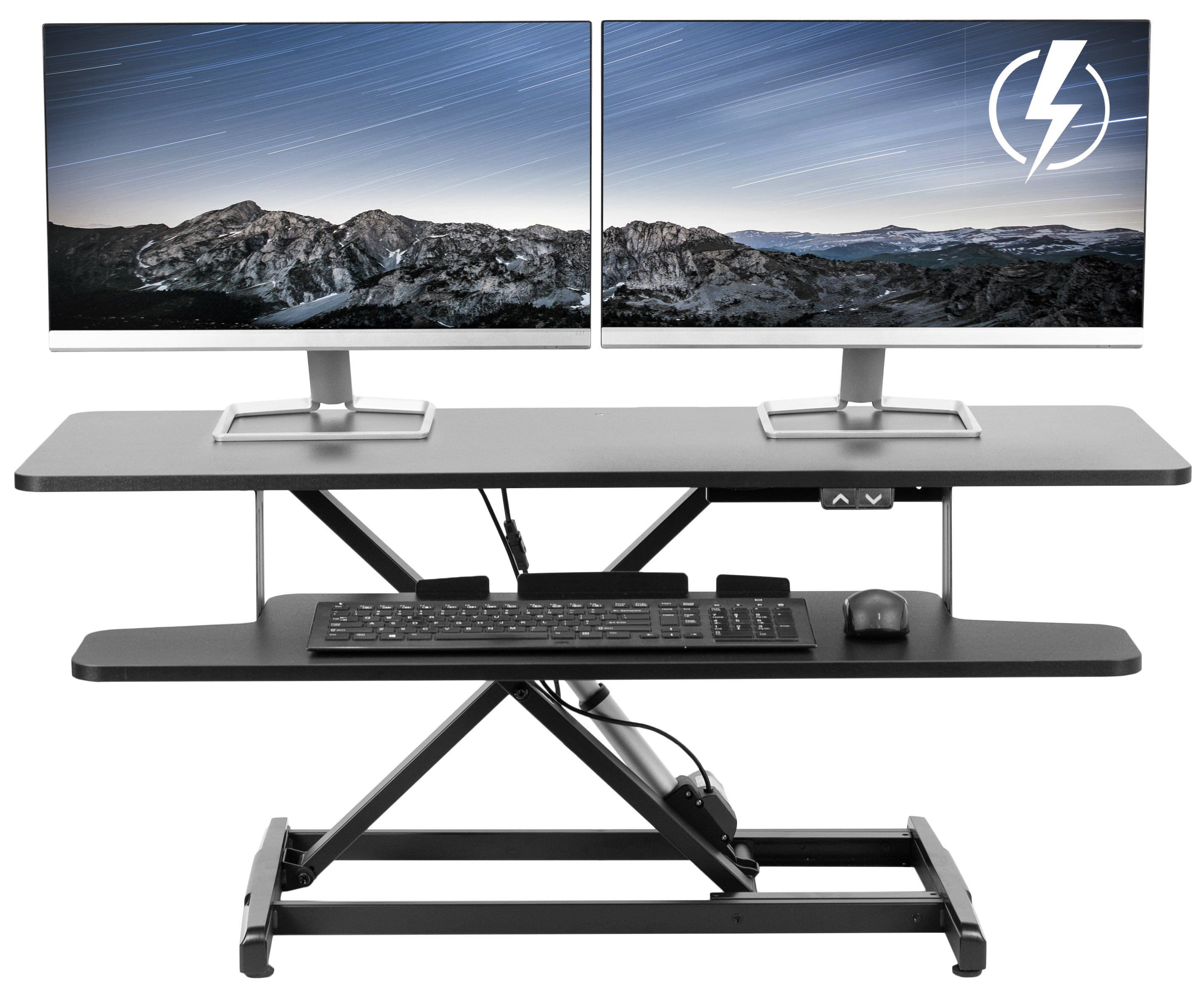 VIVO Black Electric 42" Standing Desk Monitor Riser, Dual Arm Sit Stand Tabletop