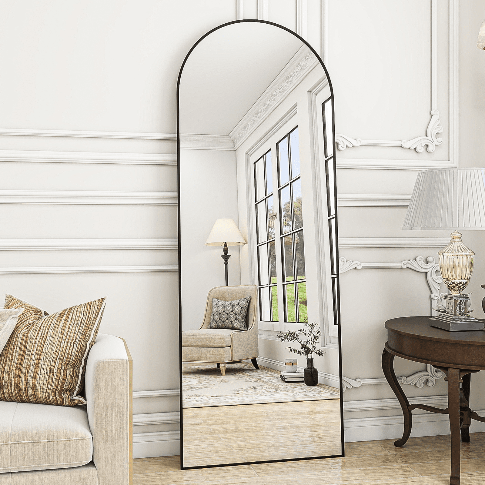 VLUSH 64"x21" Arched Full Length Mirror, Standing Floor Mirror Hanging or Leaning, Wall Mirror Aluminum Thin Frame for Bedroom (Black)