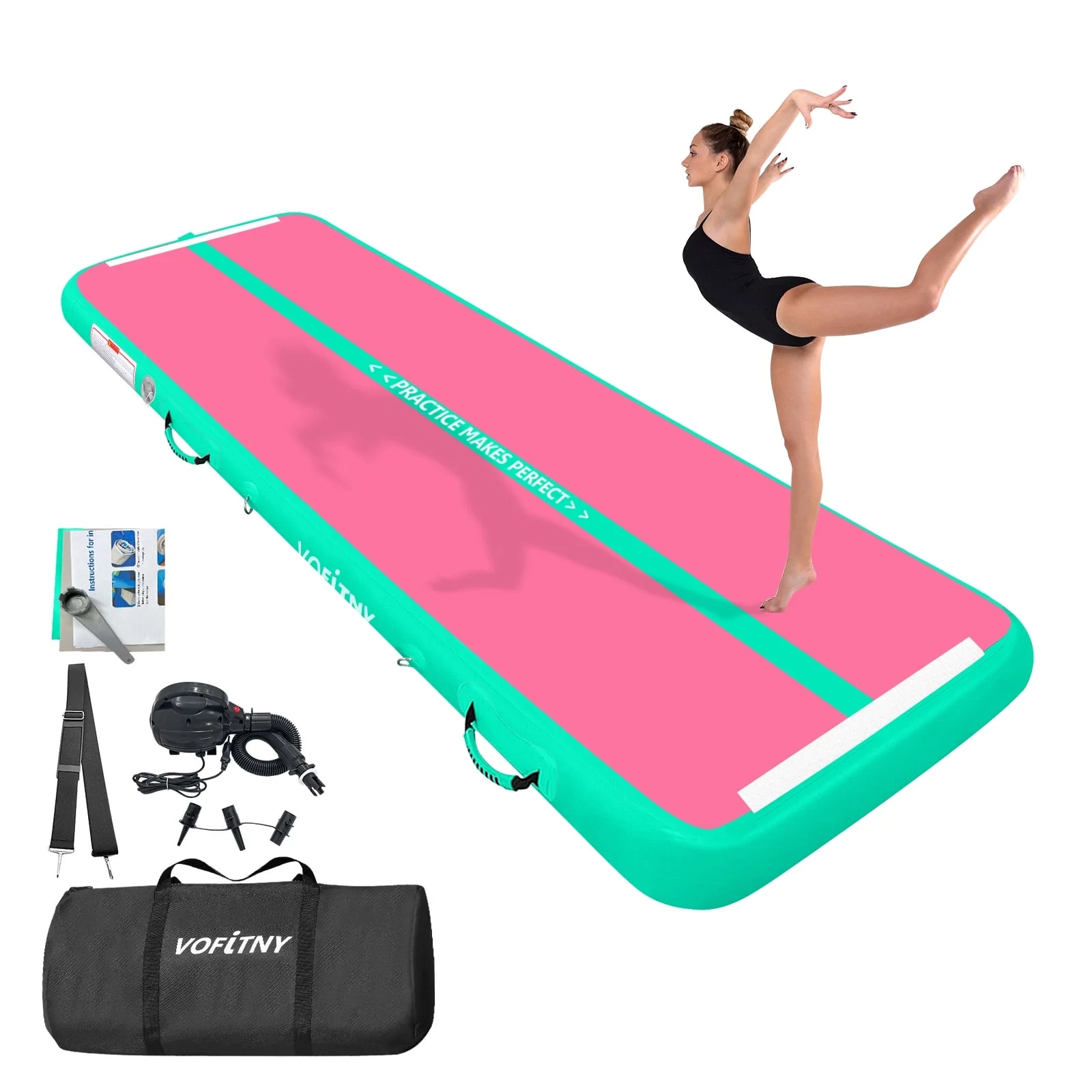 VOFiTNY 4" Thick Inflatable Gymnastics Air Mat Tumbling Track, 10'x3.3', Pink, with Accessories