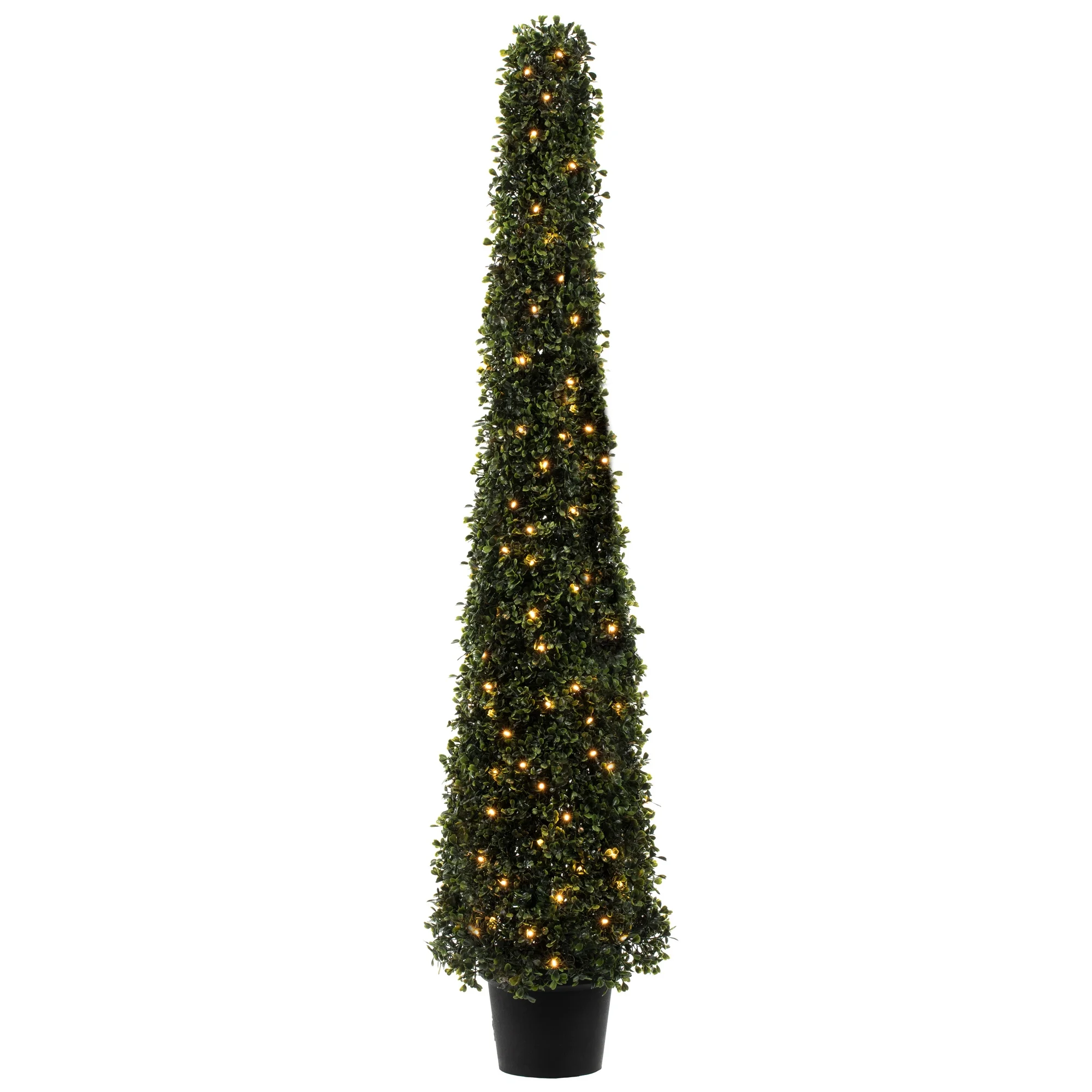Vickerman 4' Potted Artificial Boxwood Cone with Warm White LED Lghts.