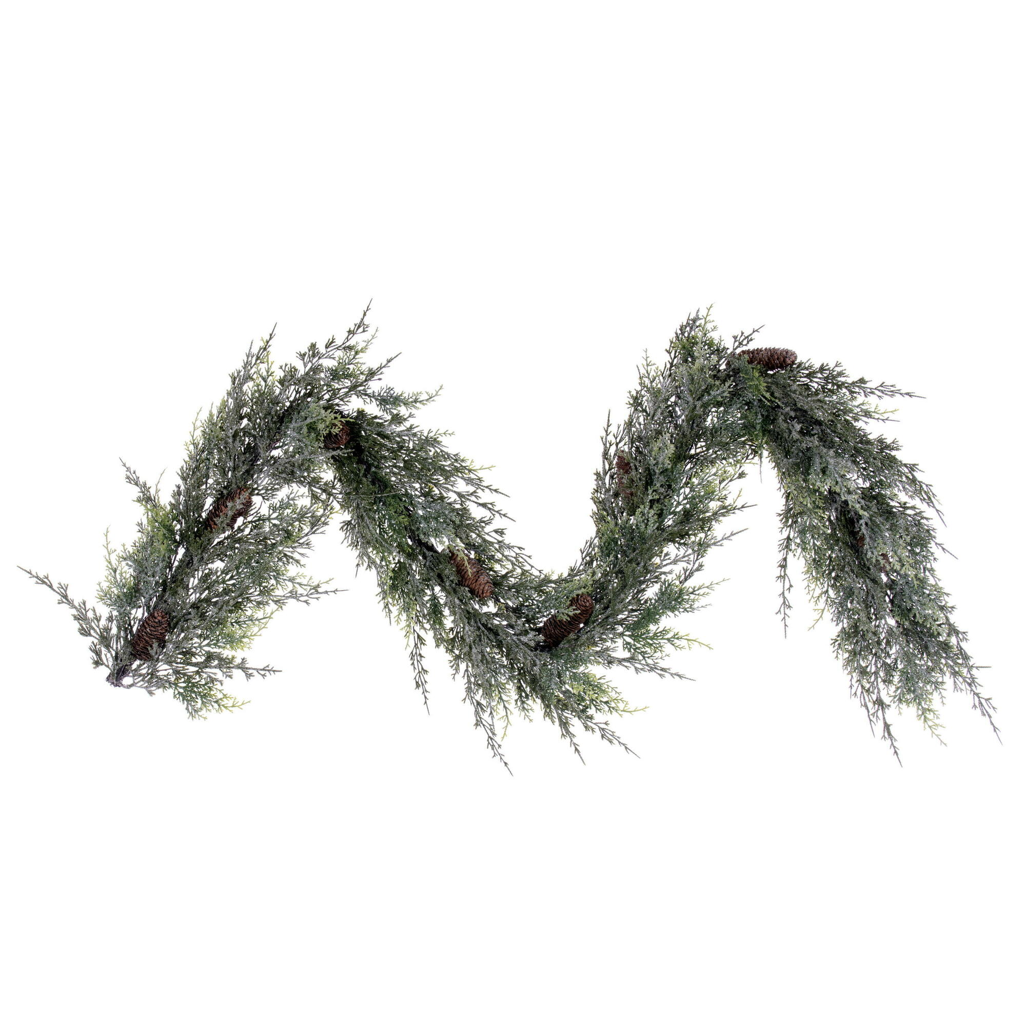 Vickerman 6' Artificial Frosted Cedar Hanging Garland with Pinecones.
