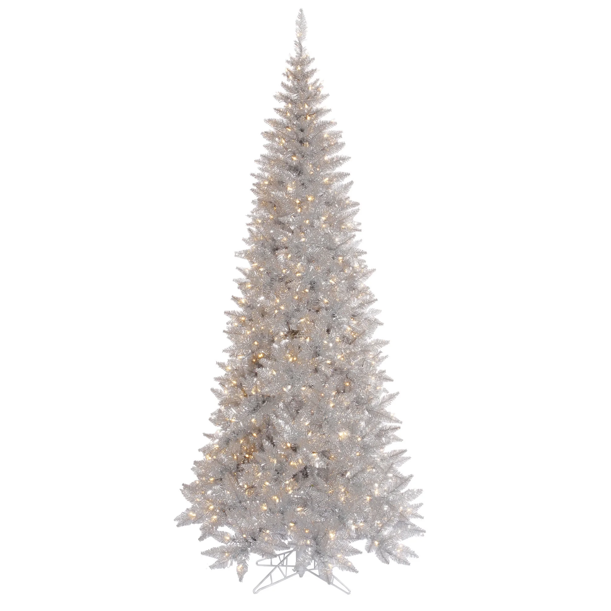 Vickerman 7.5' Silver Tinsel Fir Slim Artificial Christmas Tree with Warm White Dura-lit LED Lights