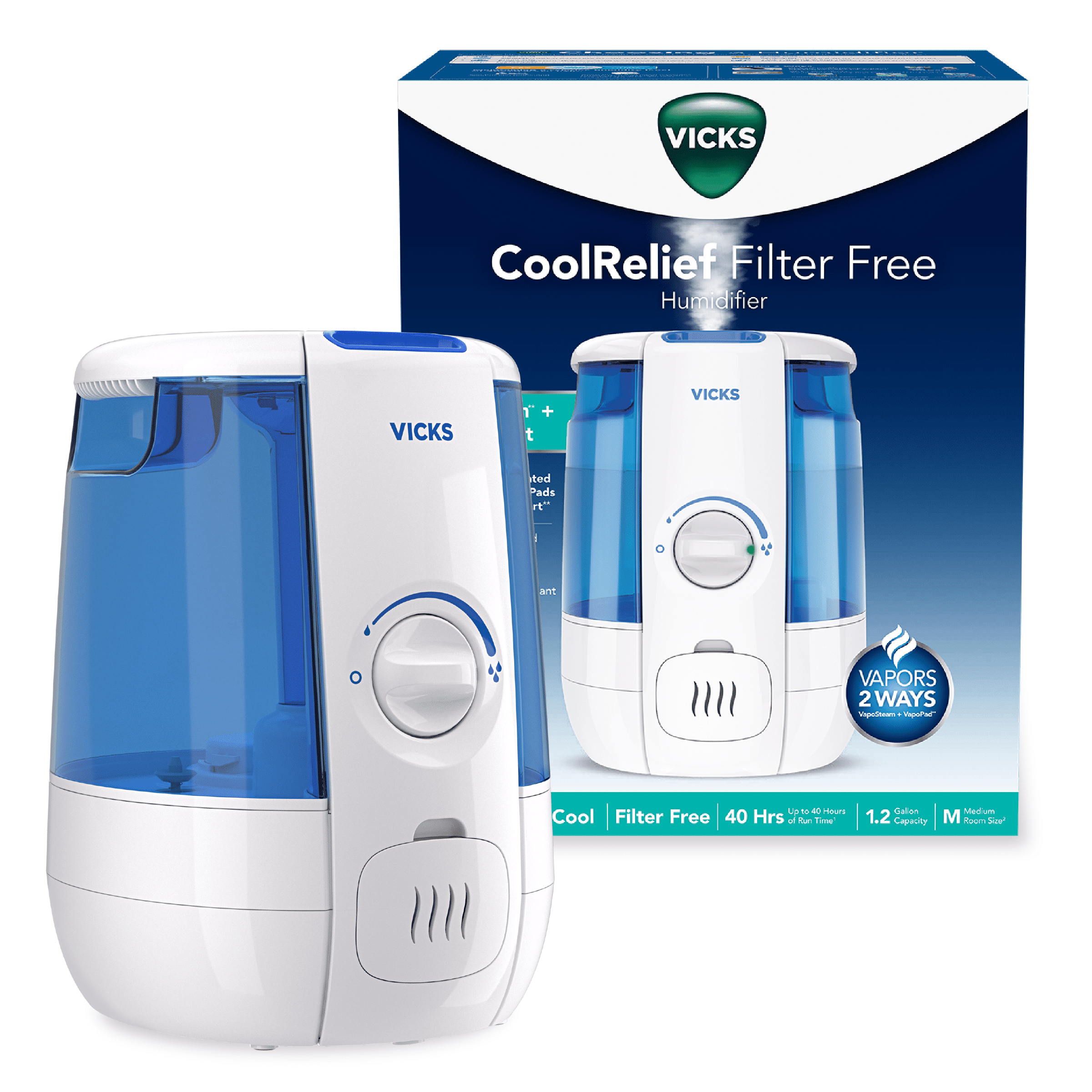 Vicks 1.2 Gallon Cool Relief Filter Free Ultrasonic Humidifier, 400 sq ft, VUL600