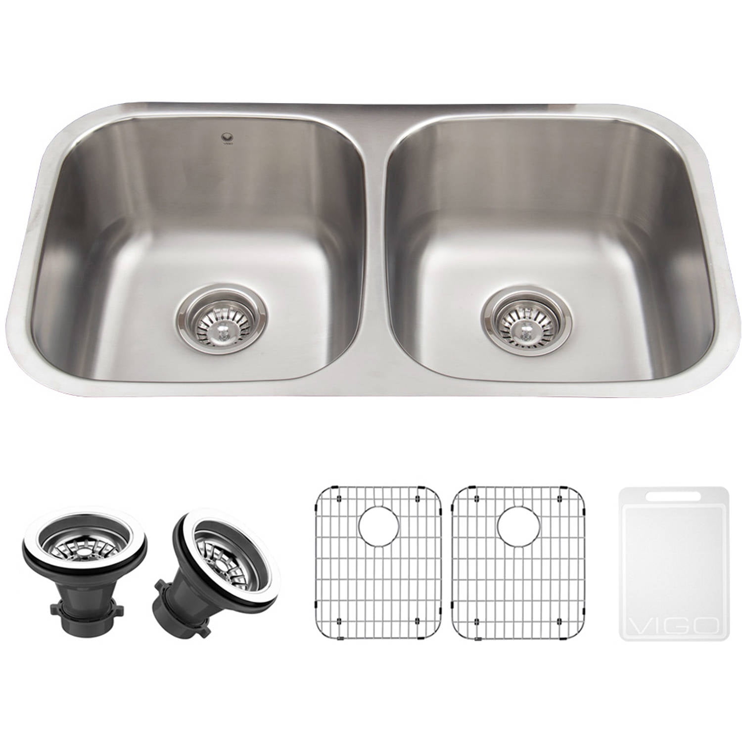 Vigo 32" Undermount Stainless Steel 18-Gauge Double Bowl Kitchen Sink, Grids and Strainers