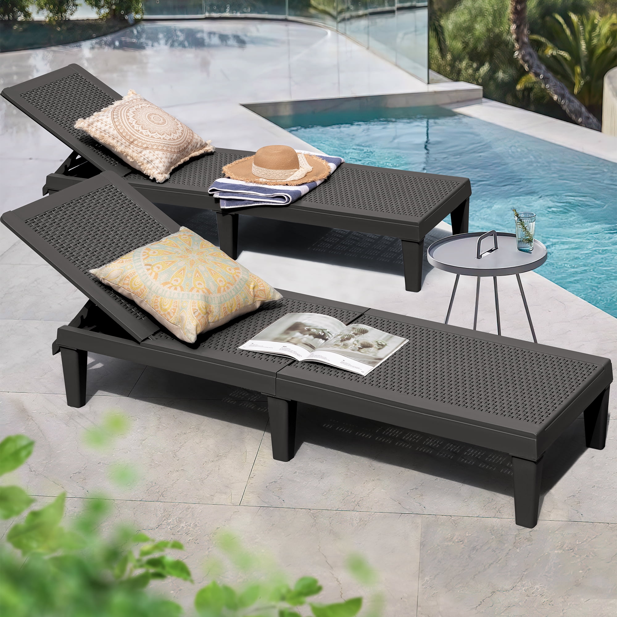 Vineego Modern Polypropylene Adjustable Backrest and Waterproof Chaise Lounge - Set of 2, Black