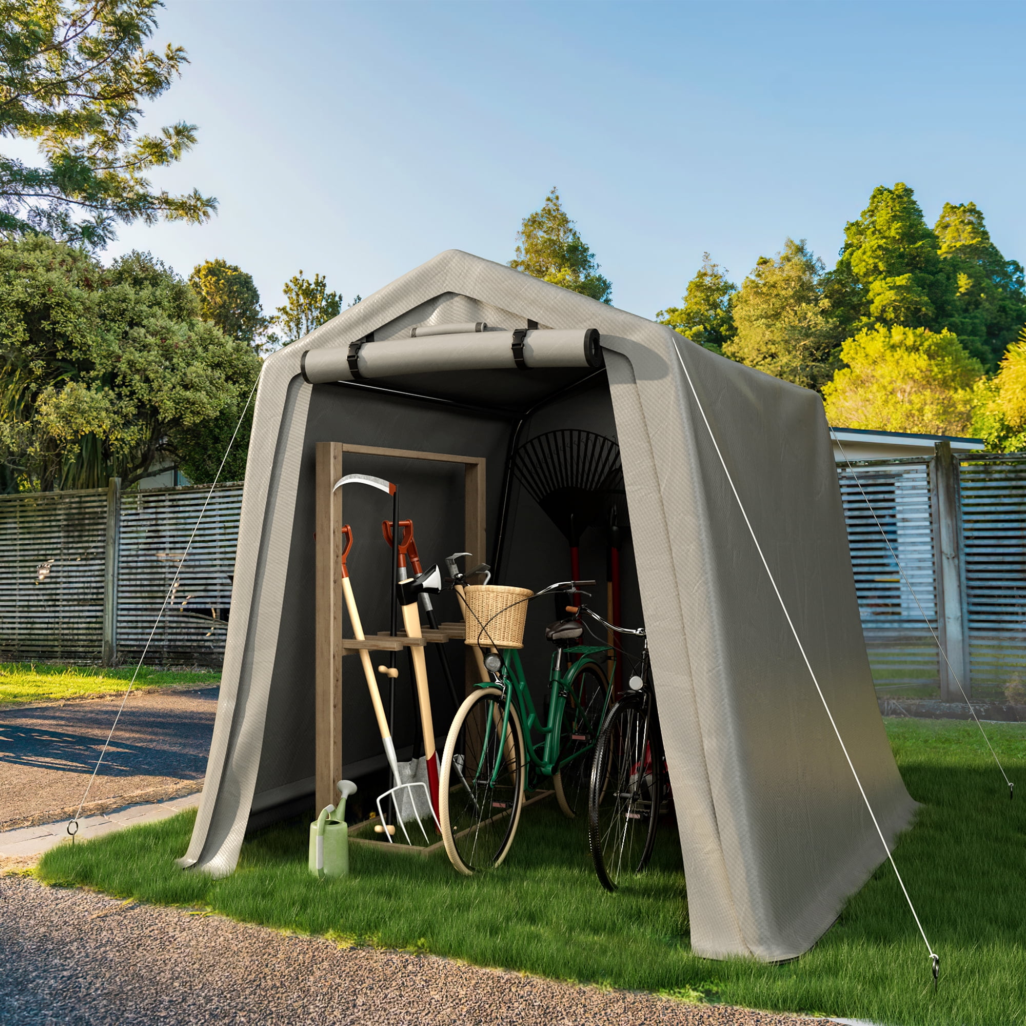 Vineego Outdoor Storage Shed 6 x 6 ft Canopy Portable Shelter Heavy Duty Carport with Roll-up Zipper Door for Bike, Motorcycle, Garden Storage, Gray