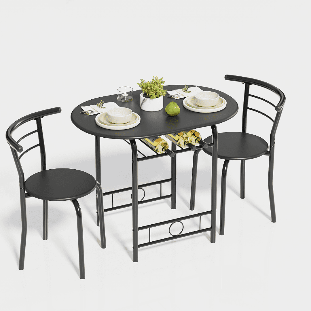 Vineego 3 Pieces Dining Set for 2 Small Kitchen Breakfast Table Set Space Saving Wooden Chairs and Table Set,Black