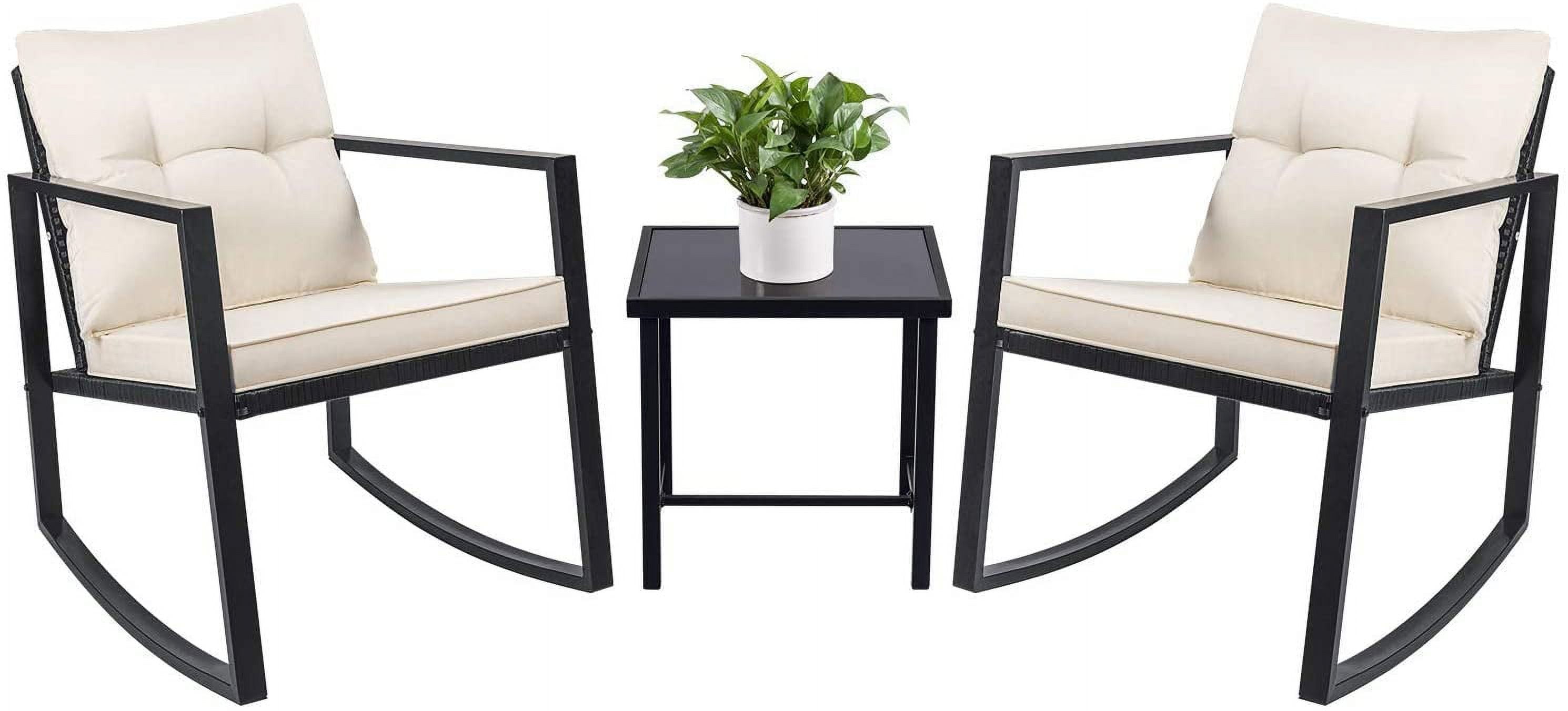 Vineego 3 Pieces Outdoor Wicker Cushioned Rattan Rocking Chairs Bistro Set with Glass Table, Beige