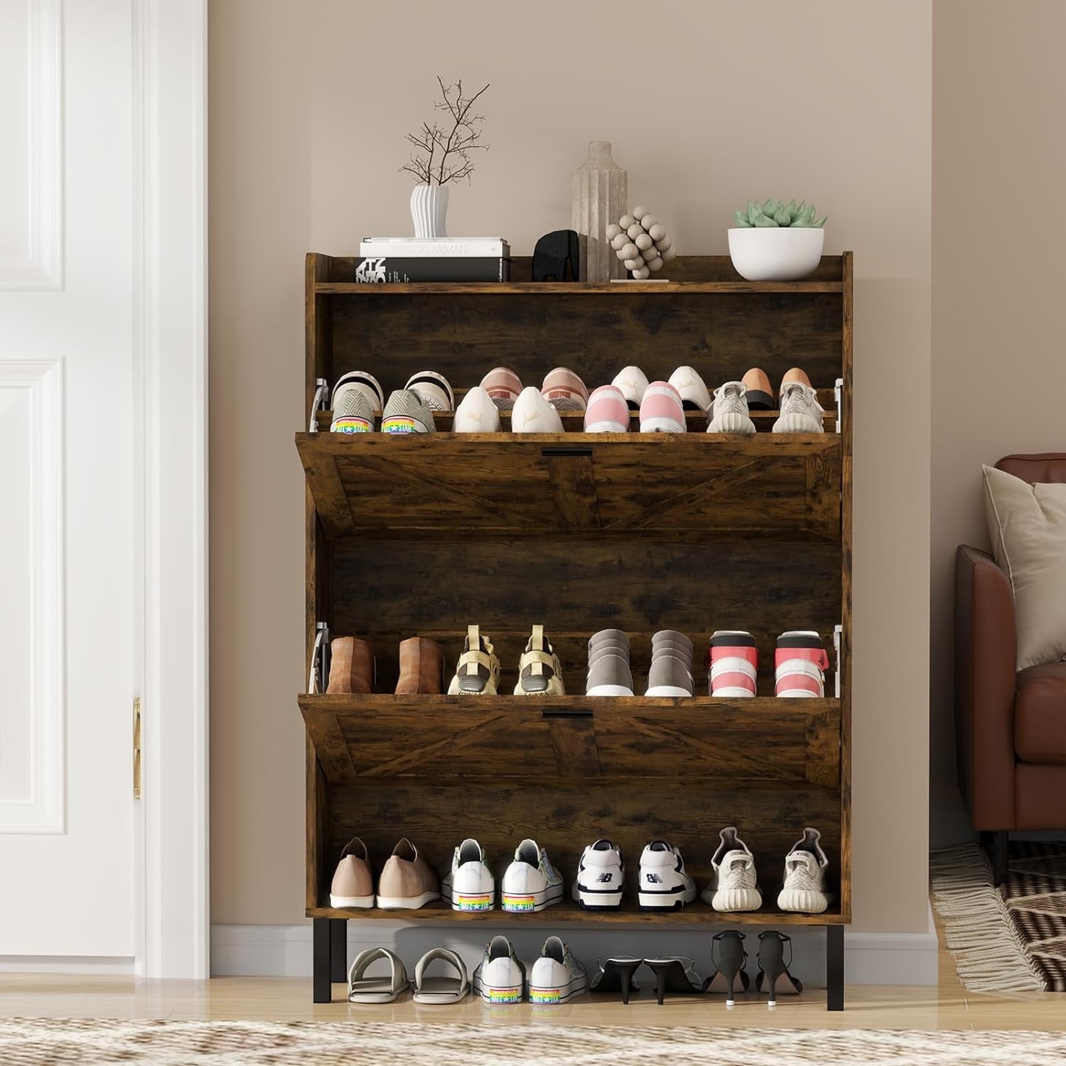 Vinform Farmhouse Shoe Storage Cabinet with 2 Flip Drawers for Entryway, Slim Wood Shoe Cabinet, Freestanding Narrow Shoe Rack Organizer with Metal Legs for Hallway Living Room (Rustic Brown)