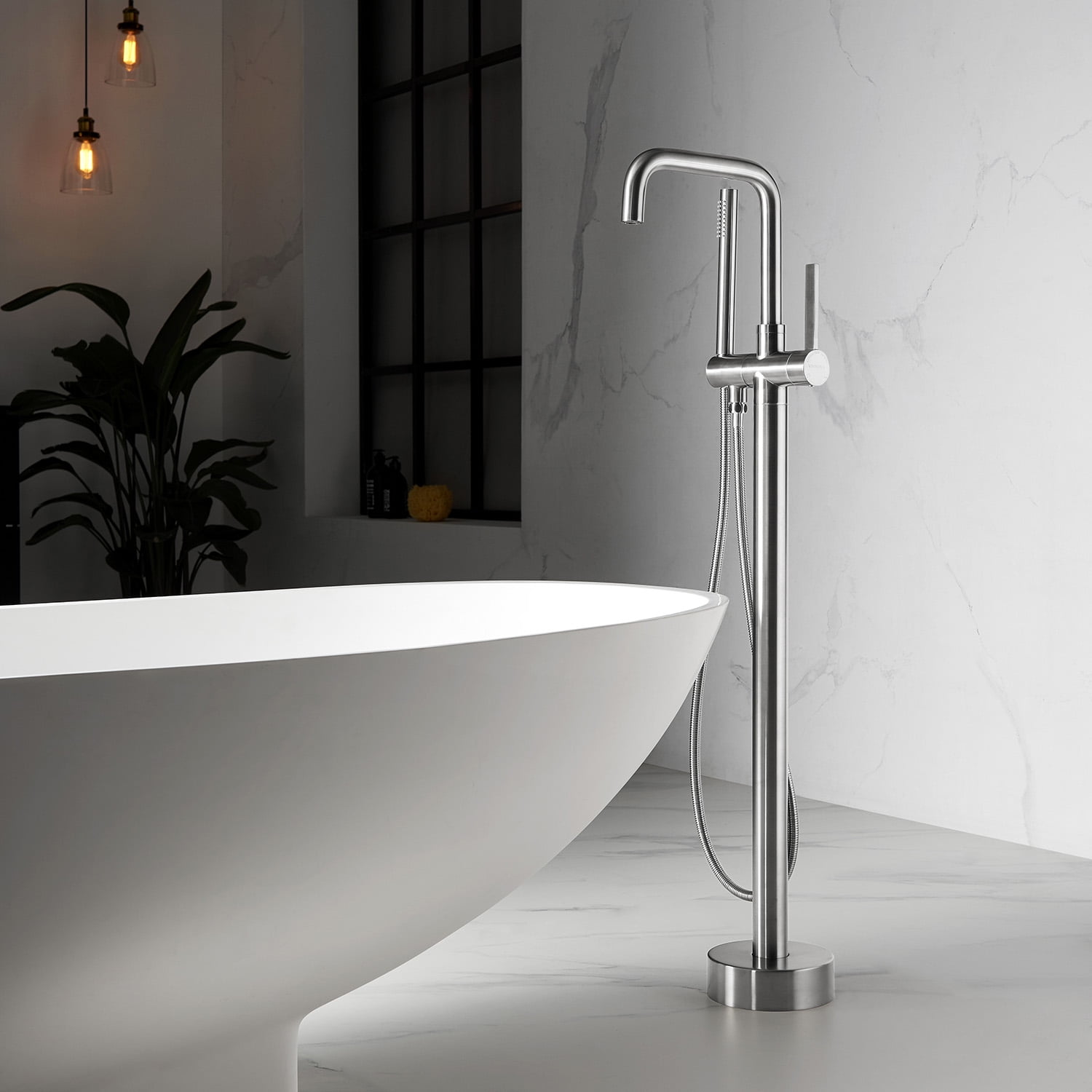 Vinnova Delara Freestanding Bathroom Chrome Tub Faucet with Hand Shower in Satin Nickel