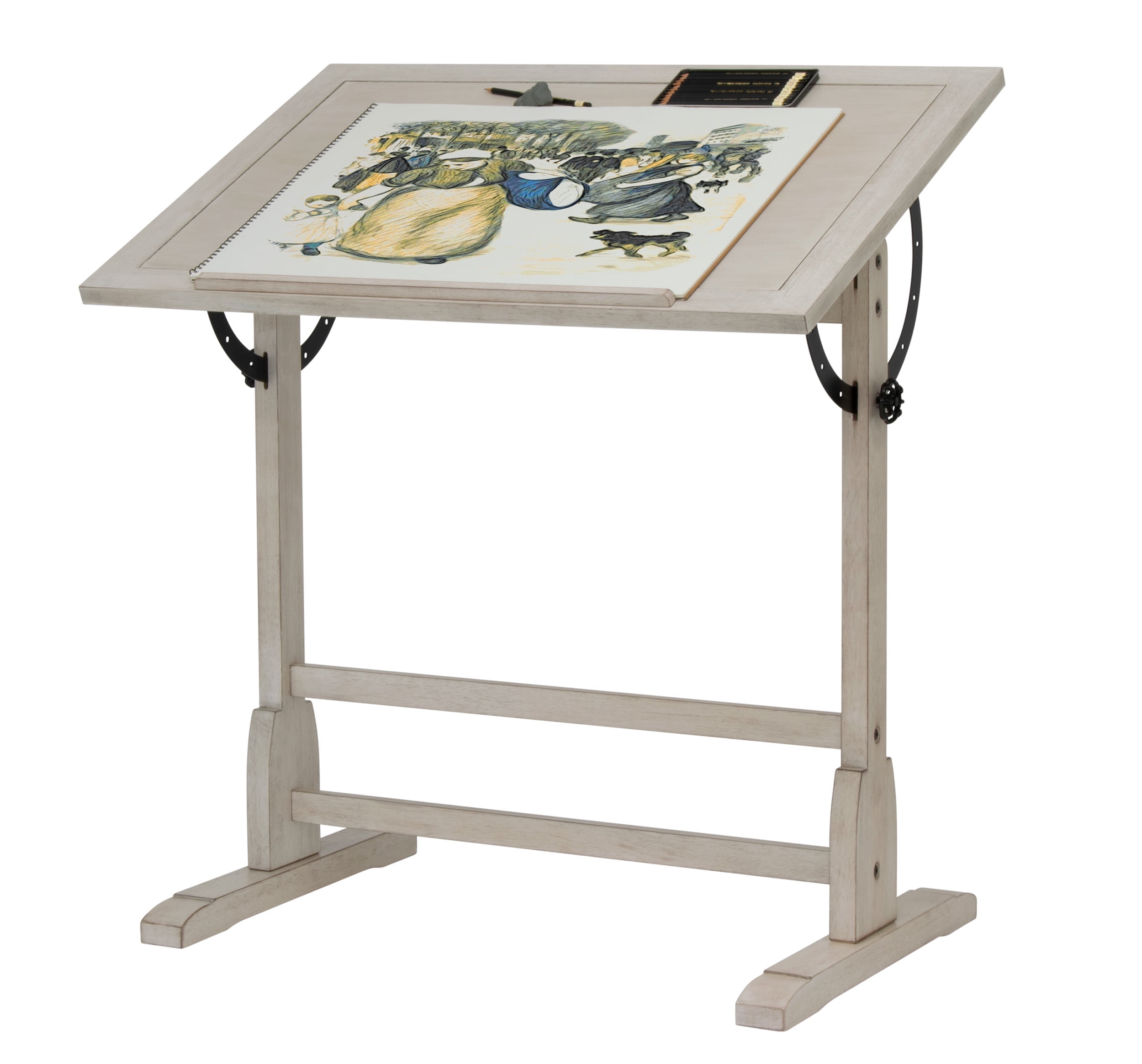 Studio Designs Vintage Solid Wood Drawing/Drafting Table with 36" x 24" Angle Adjustable Top in Coastal White
