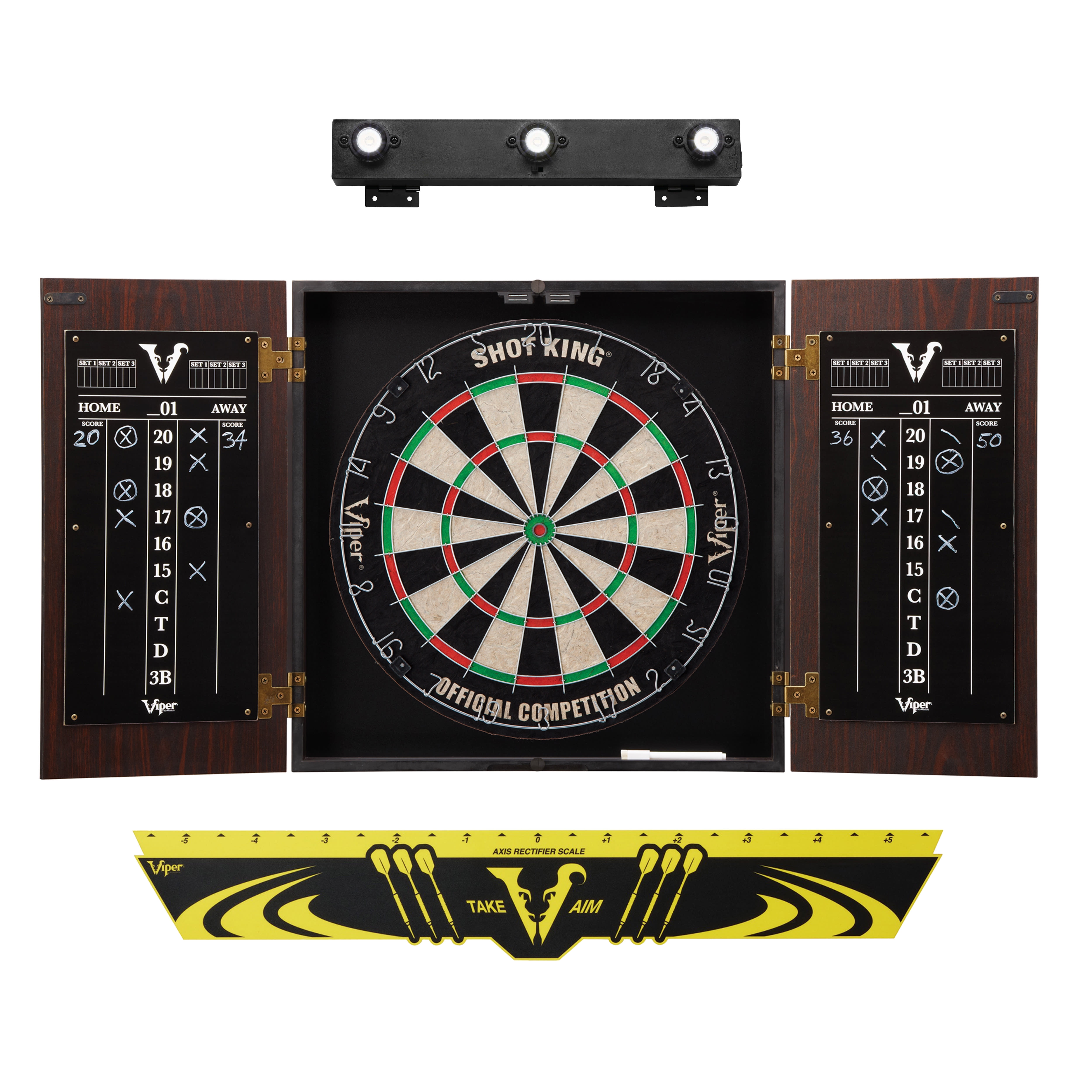 Viper Stadium Dartboard Cabinet w/ Shot King Sisal Dartboard and Shadow Buster Light, Mahogany