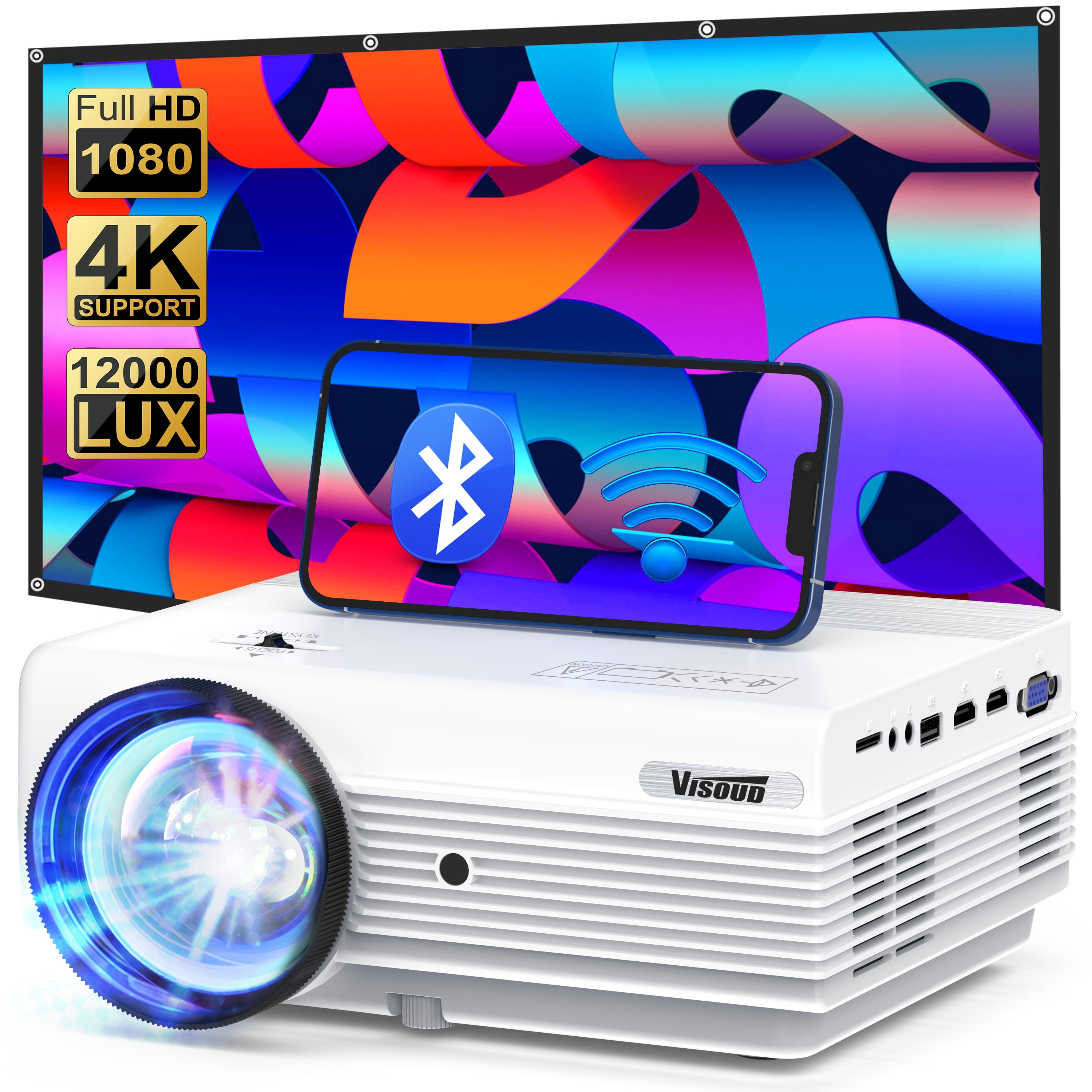 Visoud V6 1080P High Definition Video Projector with 120'' Screen, White