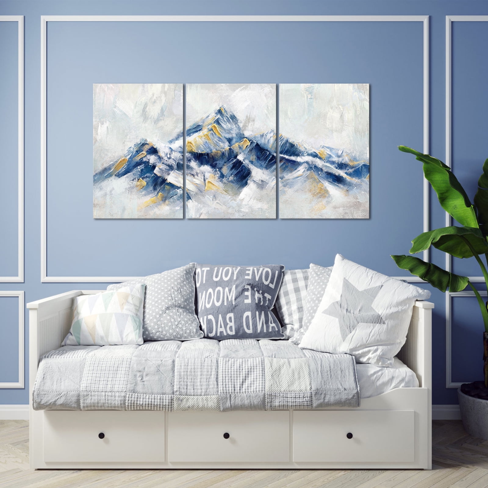 Visual Art Decor Blue Decor Large Abstract Framed Canvas Wall Art 3 Piece Mountain Landscape Bedroom Living Room Home Decorations Paintings Pictures Prints Modern Artwork 16"x 24"x 3 Pcs