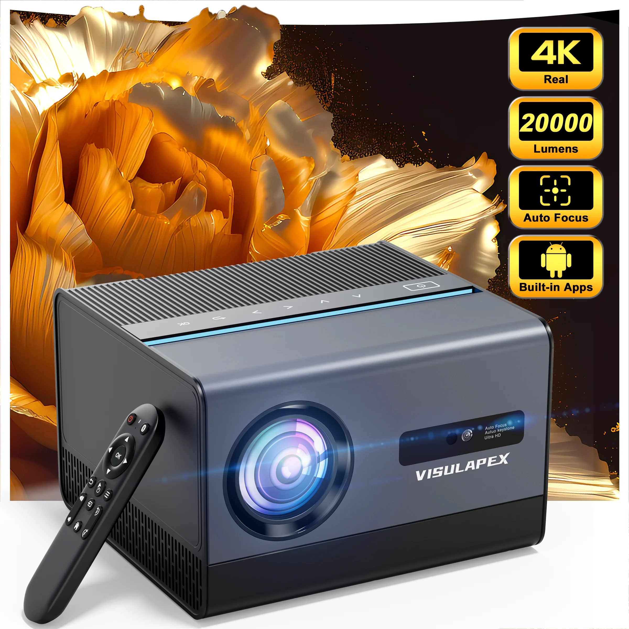Visulapex U1001 Projector with WiFi 6 and Bluetooth 5.2 1080p, Black