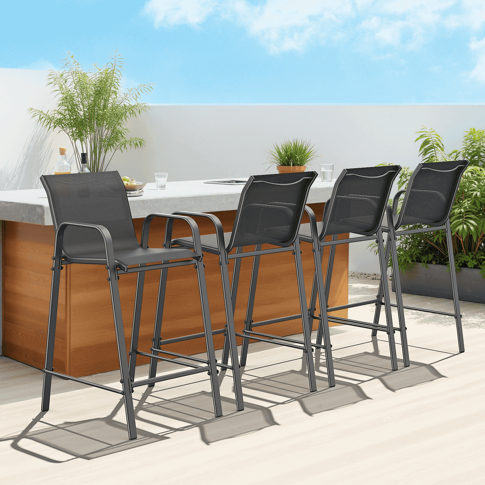 Vitarpatio Outdoor Bar Stools Set of 4, Patio Bar Height Stool Outdoor Textilene Bar Chairs