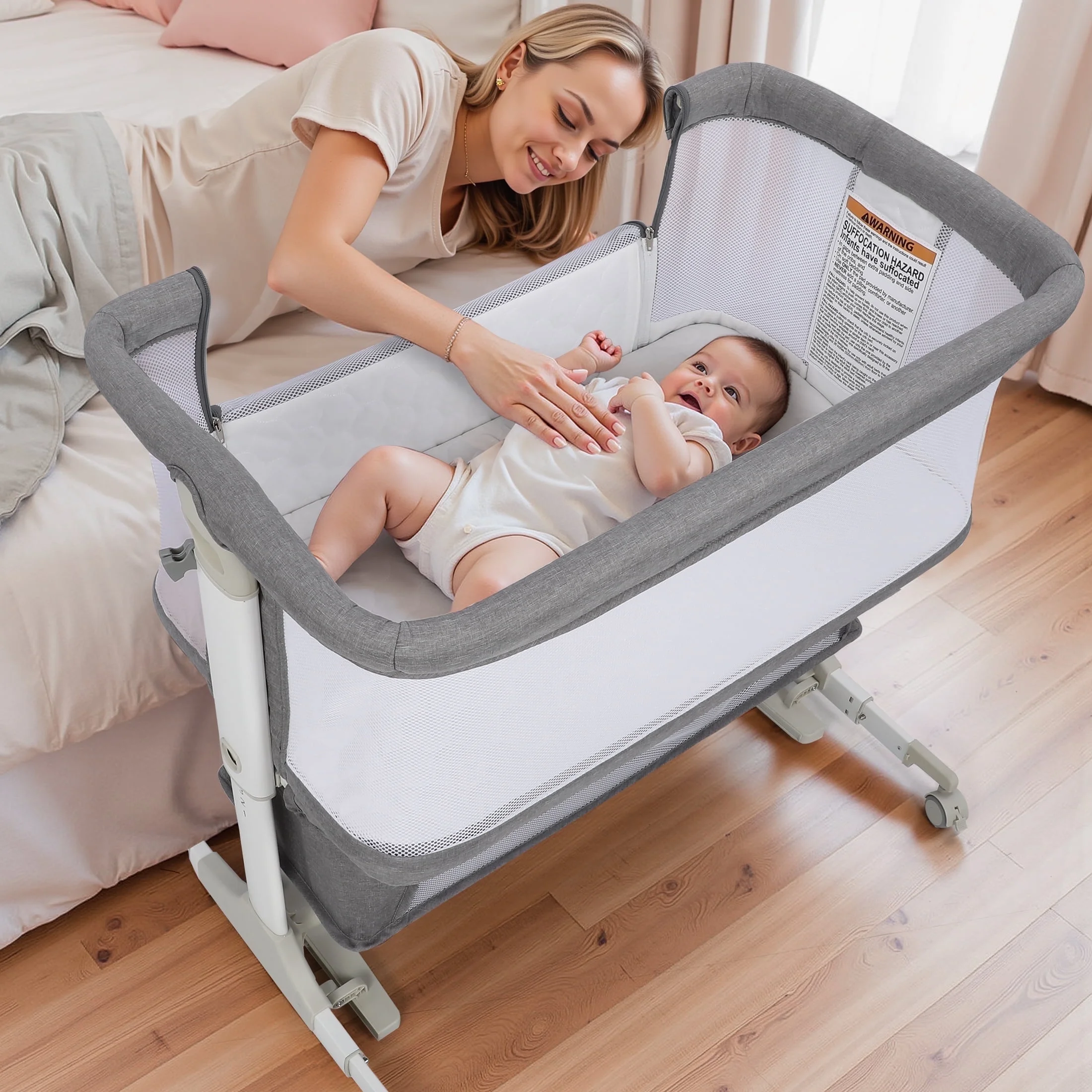 Vomeast Baby Bassinet Bedside Sleeper with Wheels, Adjustable Height, Dual-Lock, Storage Bag for Newborns Infants, Gray