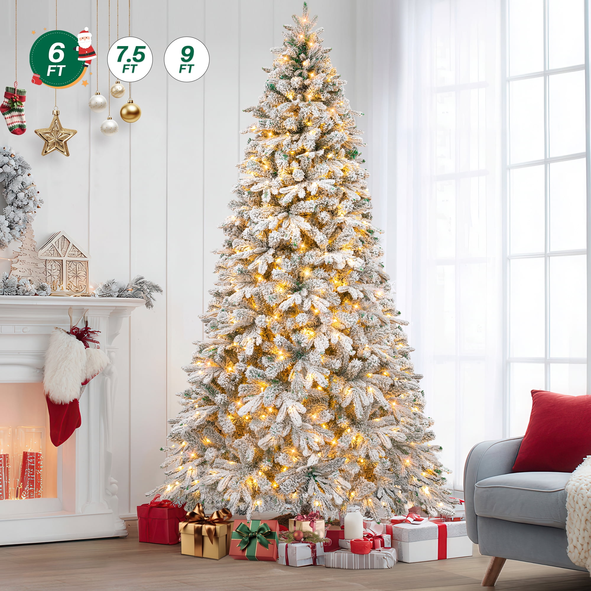Firstness 6ft Pre-Lit Artificial Christmas Tree with 300 LED Lights,Snow Flocked Xmas Tree