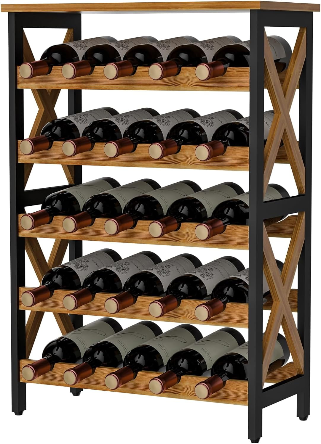 X-cosrack 25-Bottle Wine Rack Free Standing Floor, Rustic Wine Holder Stand 5 Tier Wobble-Free Tall Large Display Storage Shelf