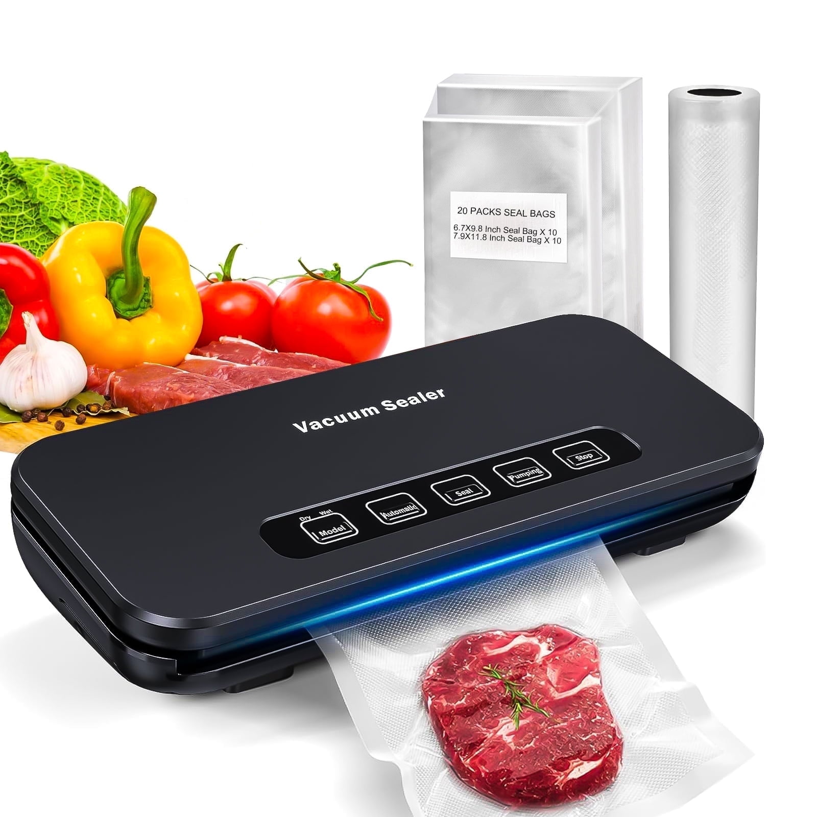 AGCAN Automatic Vacuum Sealer Machine, 85 Kpa Vacuum Sealer for Food Storage, External Vacuum Sealable Canisters, Dry & Wet Mode, with 20 Bags and a Roll Bag