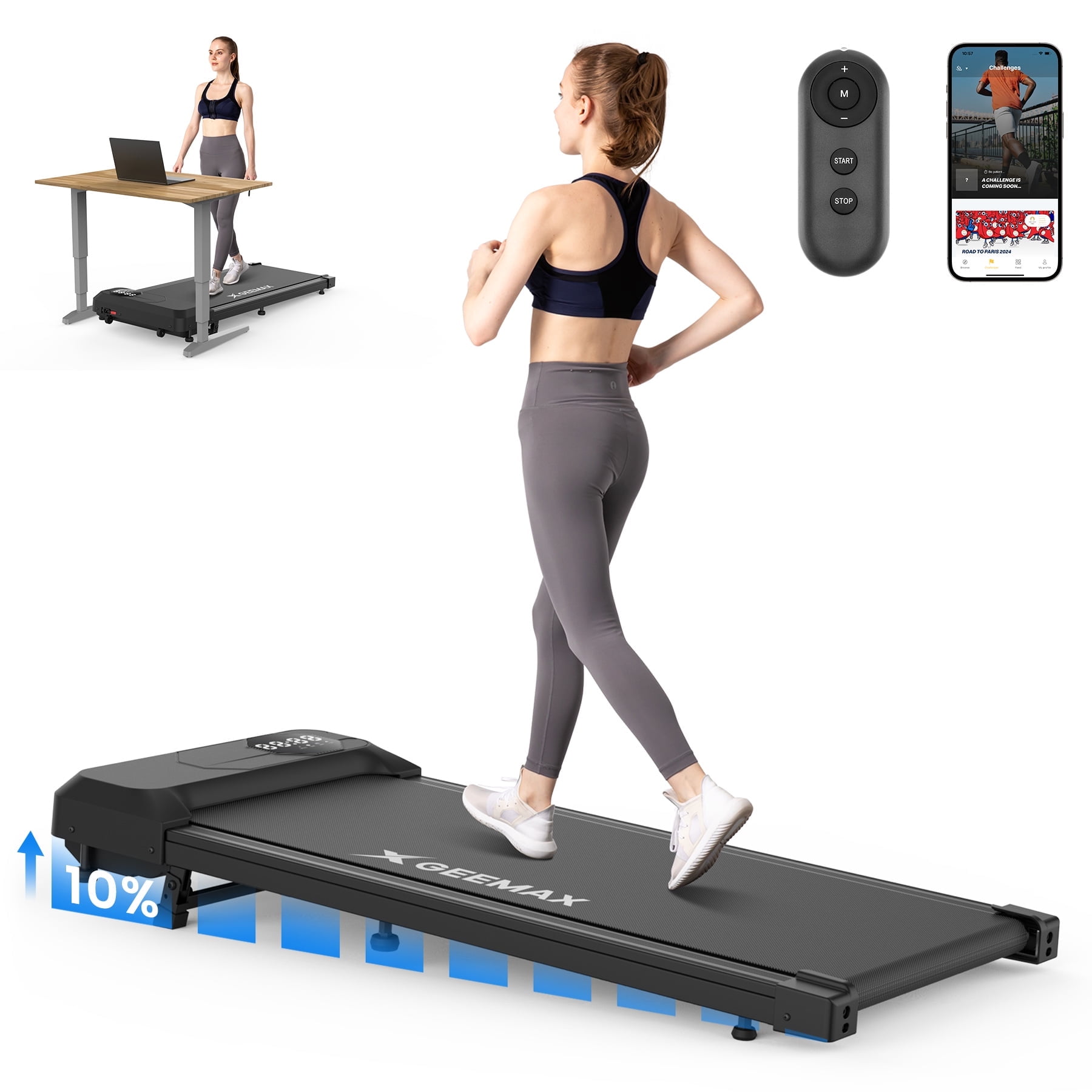 X GEEMAX Walking Pad with 10% Incline, Under Desk Treadmill with ZWIFT KINOMAP APP, 2.5HP Portable Walking Treadmill Quiet for Home/Office, 300lbs Weight Capacity, Remote Control LED Display