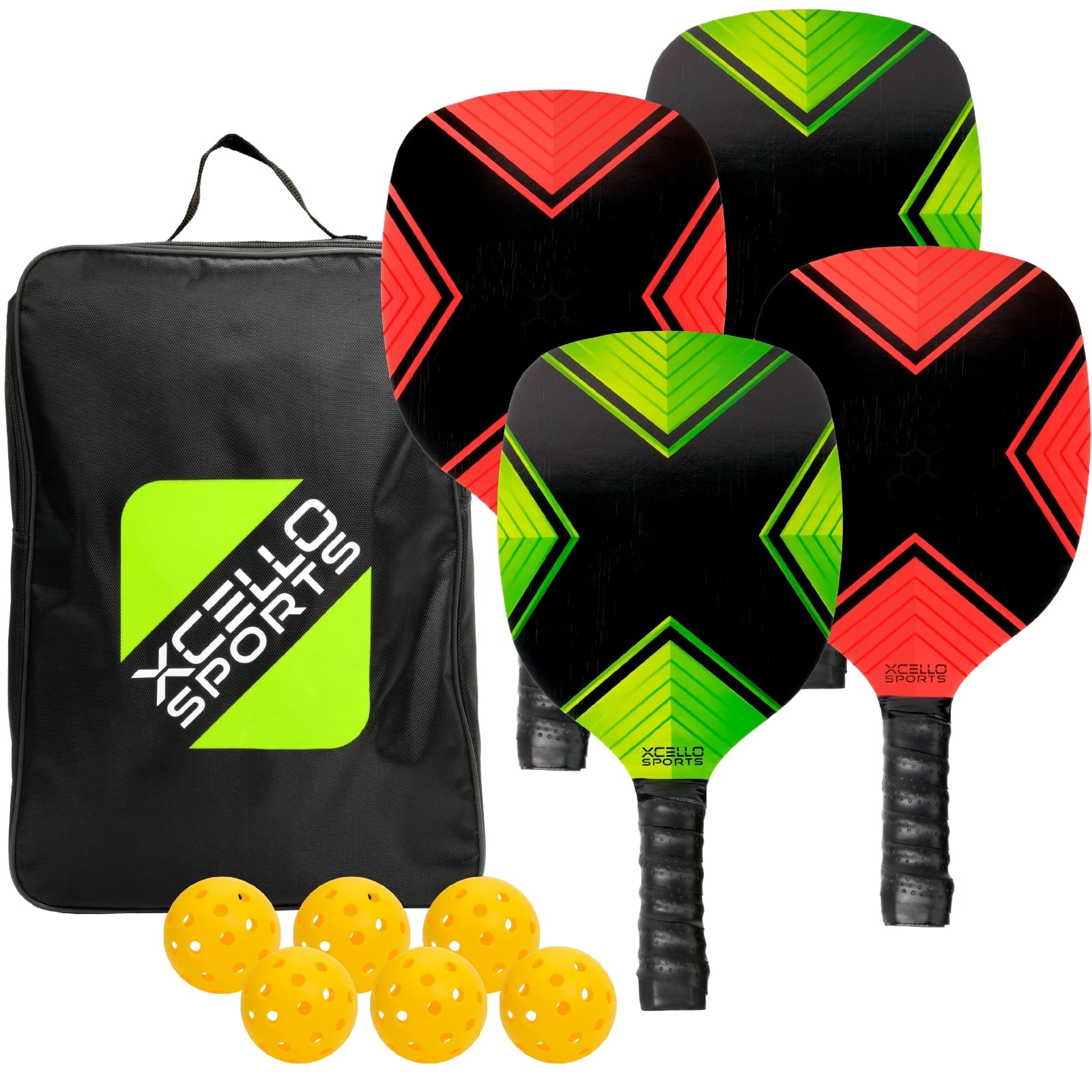 Xcello Sports Pickleball Set of 4 Premium Pickleball Paddle with 6 Outdoor Pickle Balls and Carry Pickleball Bag, 2 Green and 2 Red Paddles