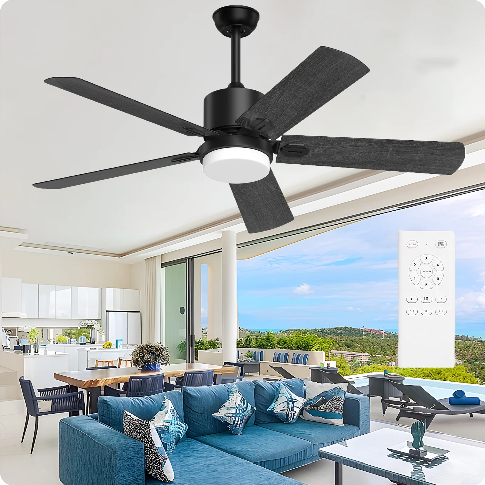 XAUJIX Ceiling Fan with Light and Remote Control, 52'' Black Ceiling Fan with Light, 6-Speed Reversible DC Motor, 5 Wood Fan Blades
