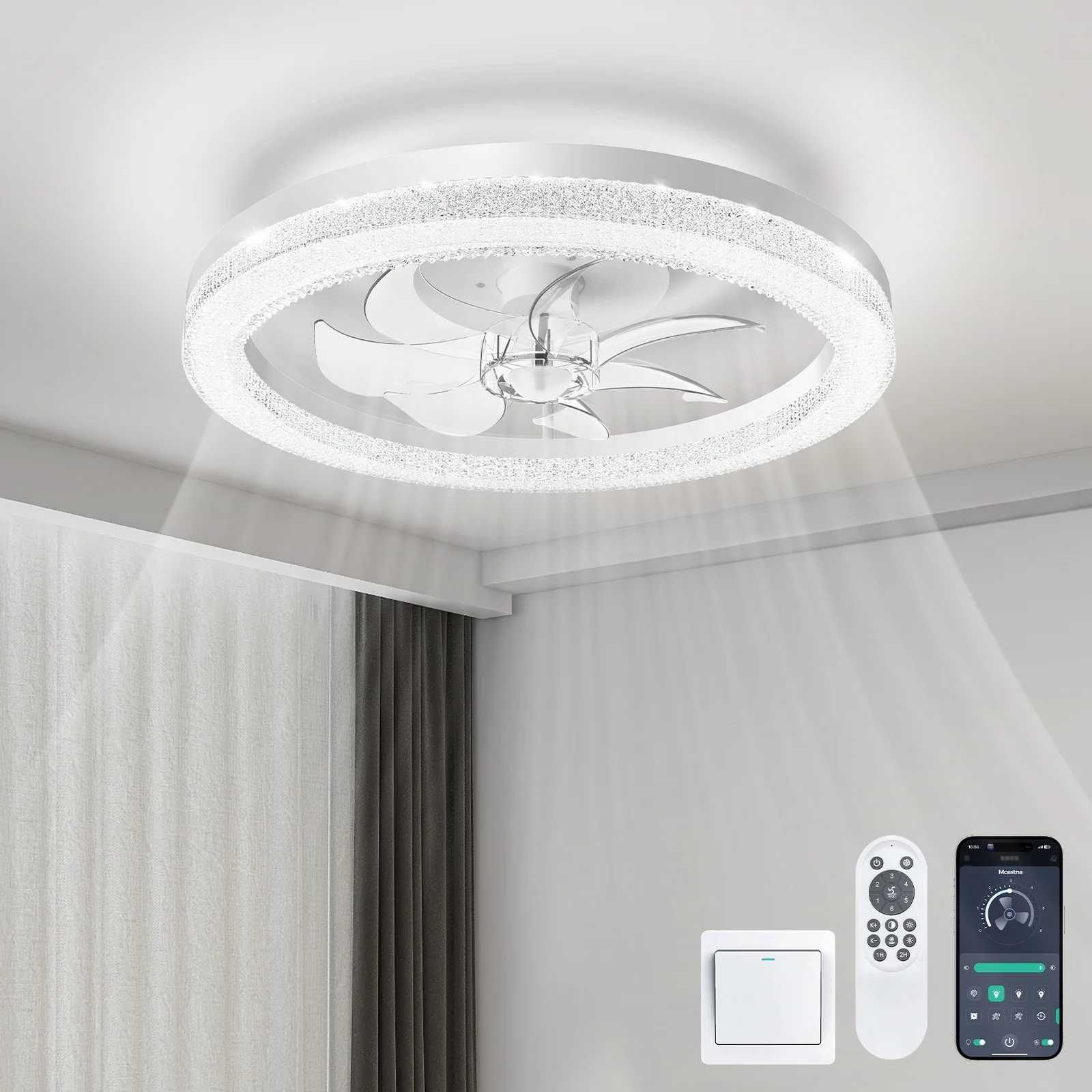 XAUJIX 20.5" Ceiling Fan with Light and Remote&APP -6 Wind Speeds, Modern Dimmable LED Ceiling Fan, Smart Ceiling Fan for Bedroom, Kids Room-White