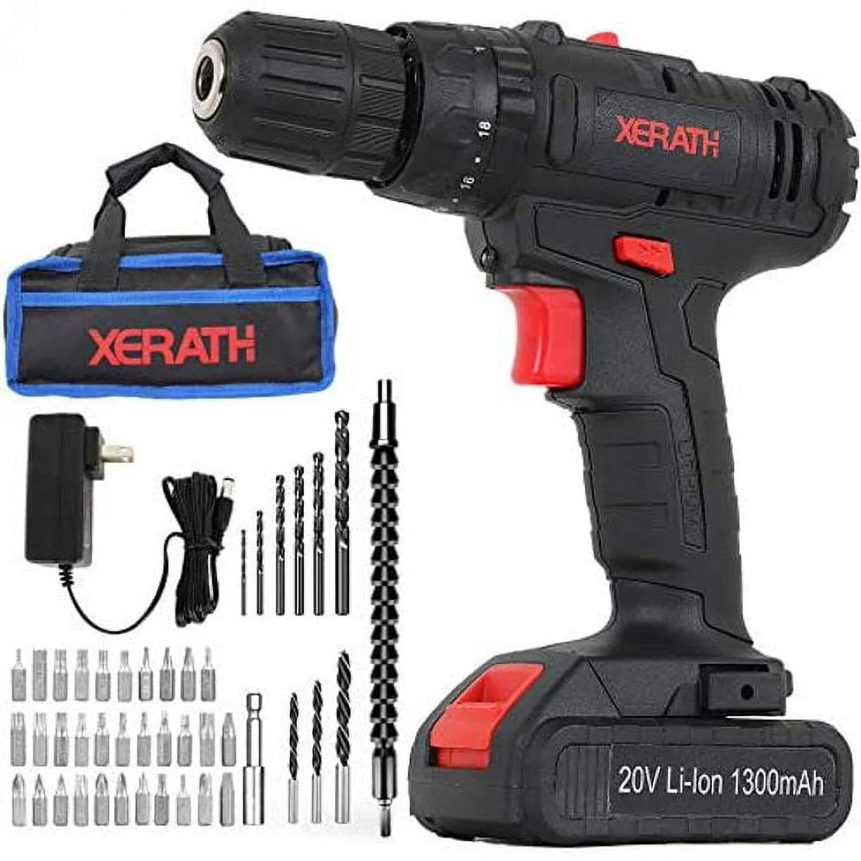 XERATH Cordless Drill Driver Kit 20V Variable Speed, Black, 46 Pieces