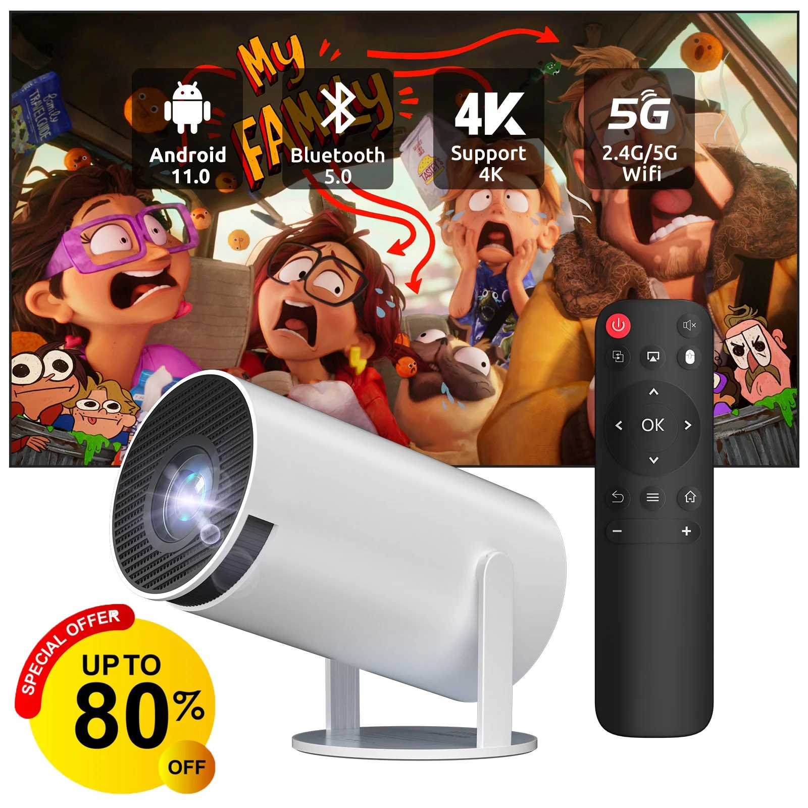 XGODY HY300 Mini Portable Projector with Wifi and Bluetooth,Projector 4K 1080P Support Built-in Android 11.0 OS Compatible for Laptop, PC, Smartphone,180 Degree Rotation Screen Adjustment