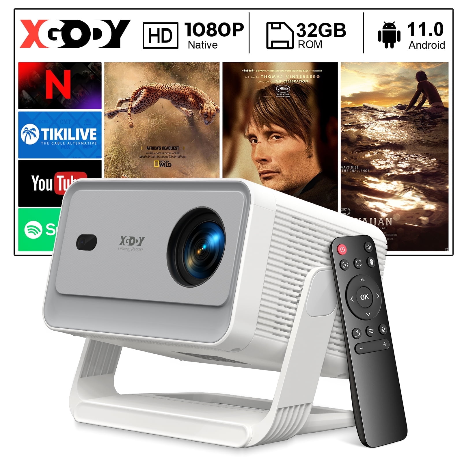 XGODY Gimbal A6 Pro Smart Projector, 1080P HD, 4K, Adjustable Brightness, WiFi & Bluetooth, Apps