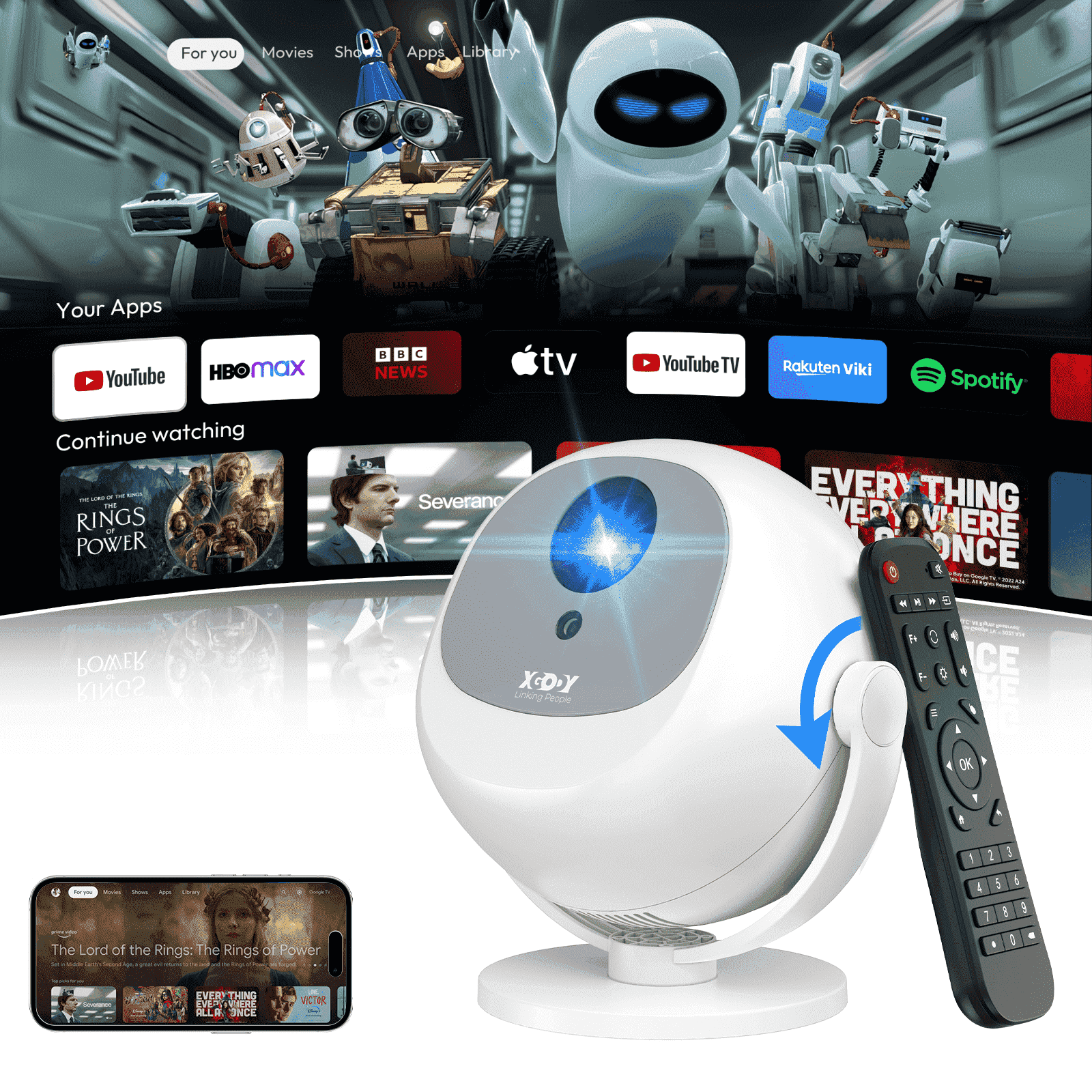 XGODY A2 Wifi & Bluetooth 1080P Mini Projector,40-120" Screen,Dual 3W Speakers,Set with Accessories, White, 1 Set